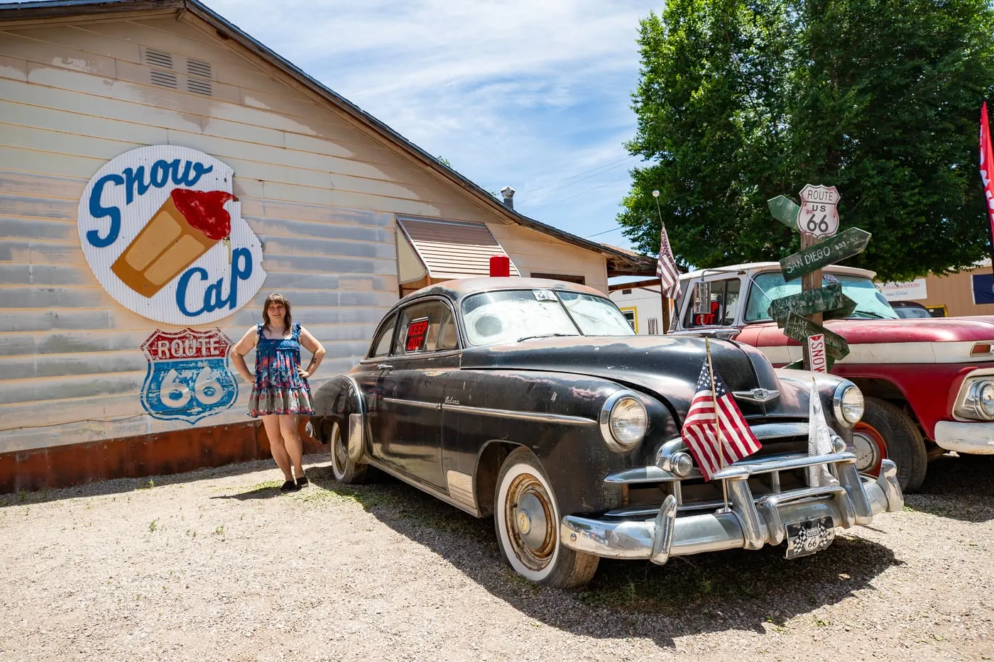 Vintage cars at Delgadillo’s Snow Cap in Seligman, Arizona - Route 66 restaurant and Drive-In Diner