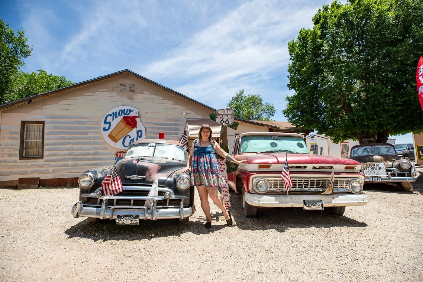 Vintage cars at Delgadillo’s Snow Cap in Seligman, Arizona - Route 66 restaurant and Drive-In Diner