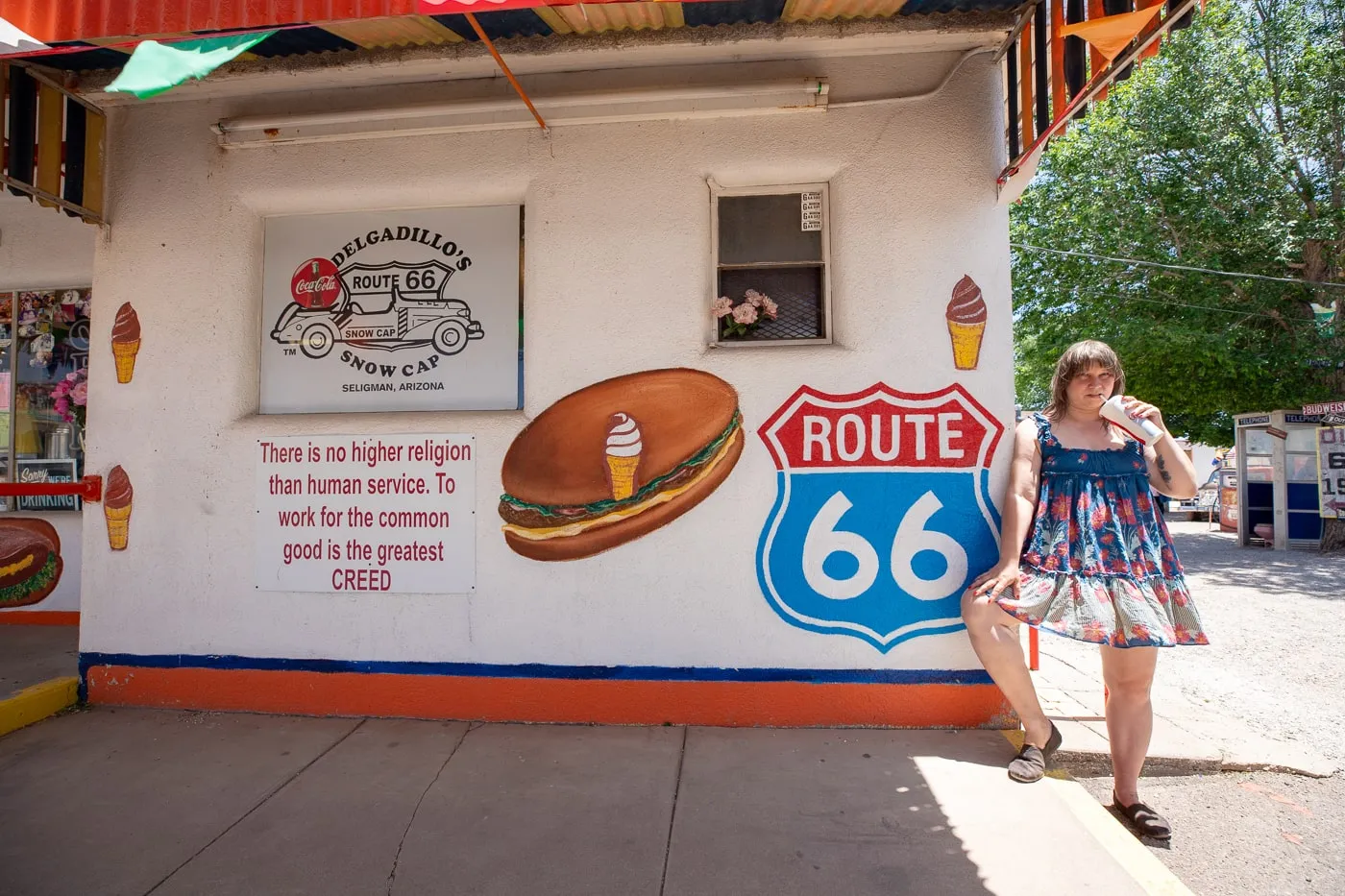Hamburger and Route 66 mural at Delgadillo’s Snow Cap in Seligman, Arizona - Route 66 restaurant and Drive-In Diner