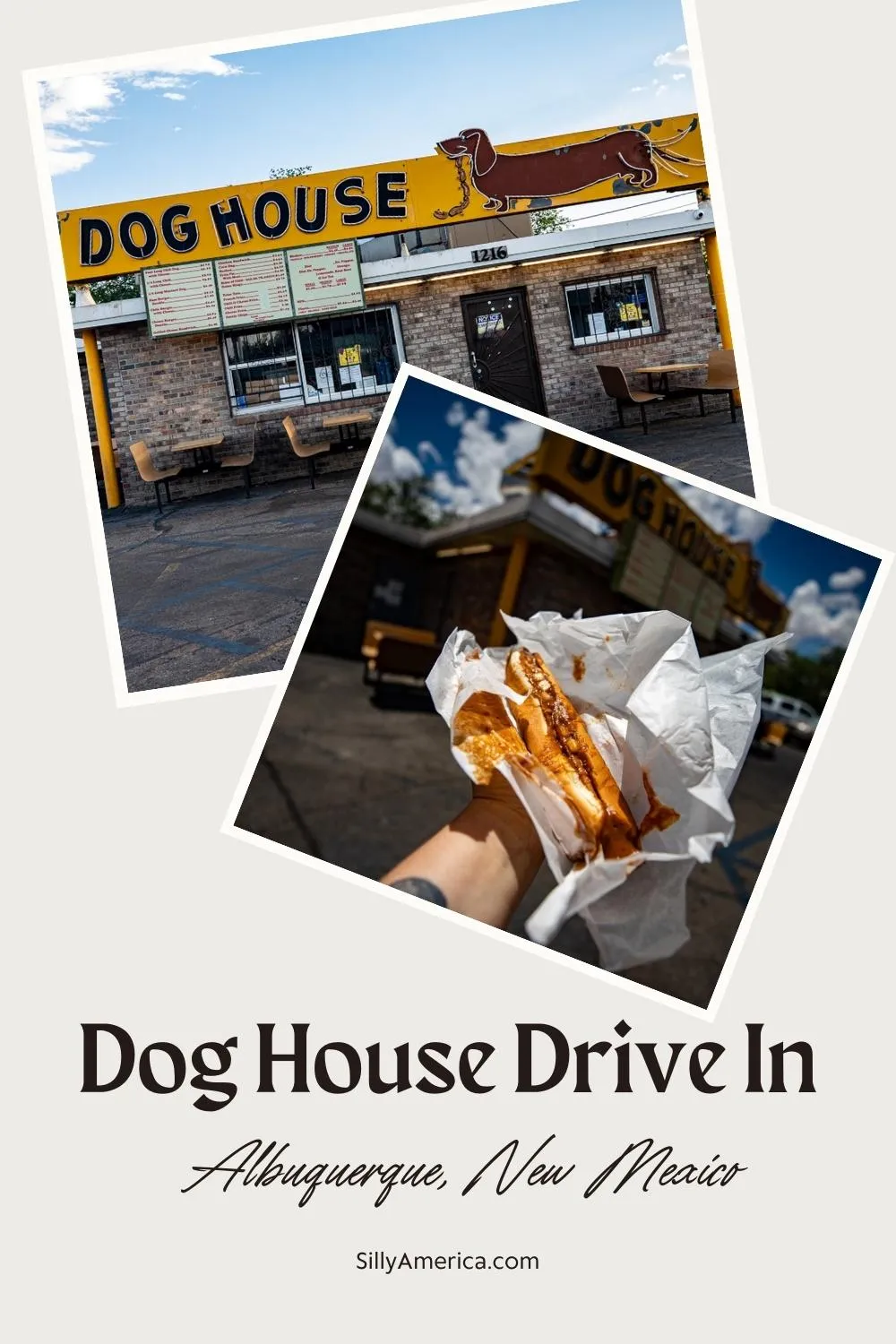 The Dog House Drive In in Albuquerque, New Mexico is known for its fun neon sign, tasty chili cheese dogs, Route 66 location, and television cameos.
Stop at thie New Mexico Route 66 restaurant for a chili dog with cheese, fries, and a milkshake. The perfect road trip meal for lunch or dinner.
This Albuquerque roadside attraction is featured in Breaking Bad and Better Call Saul.
Look for the neon sign with a Dachshund wiener dog.
#Route66 #Route66RoadTrip #NewMexicoRoute66