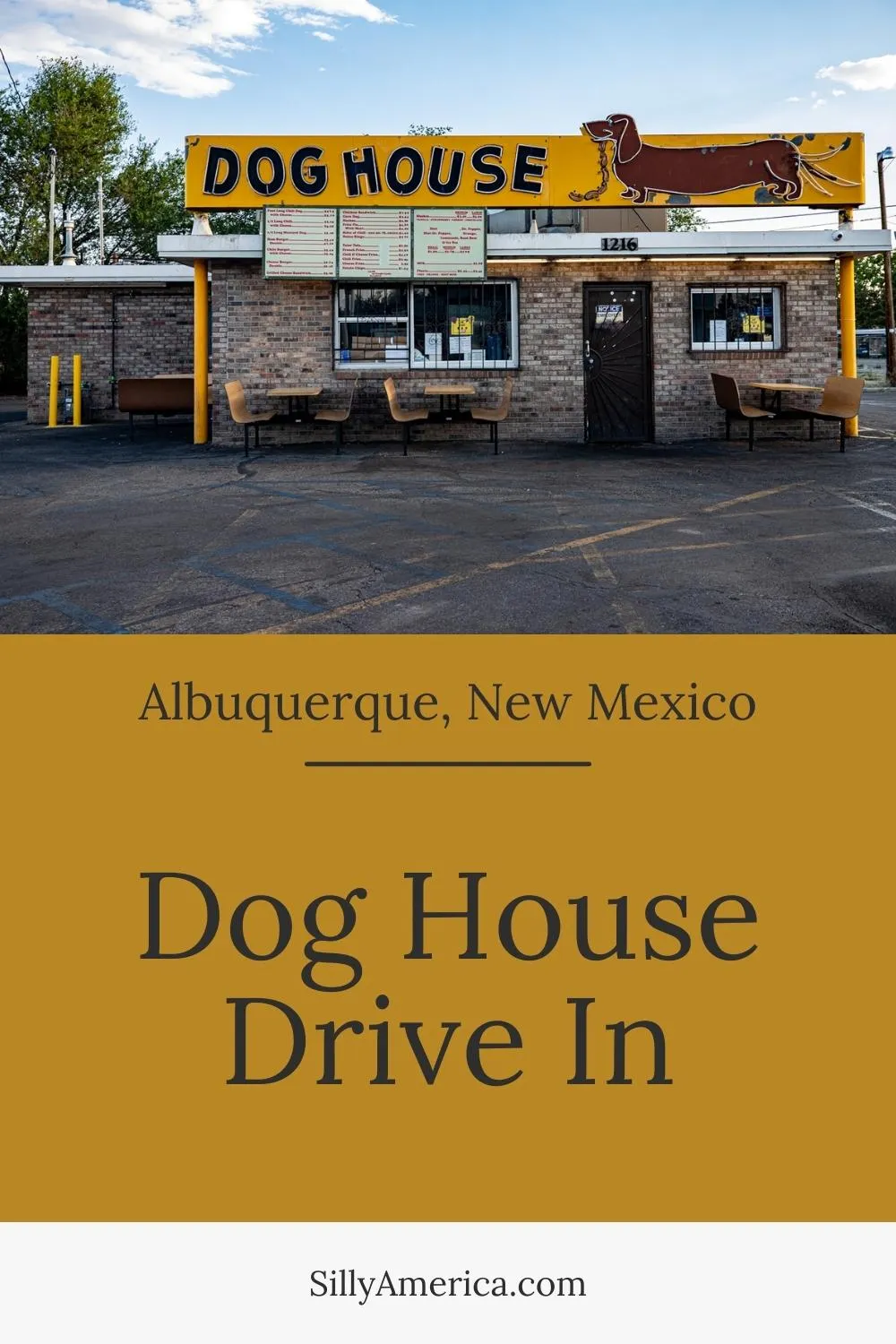The Dog House Drive In in Albuquerque, New Mexico is known for its fun neon sign, tasty chili cheese dogs, Route 66 location, and television cameos. Stop at thie New Mexico Route 66 restaurant for a chili dog with cheese, fries, and a milkshake. The perfect road trip meal for lunch or dinner. This Albuquerque roadside attraction is featured in Breaking Bad and Better Call Saul. Look for the neon sign with a Dachshund wiener dog. #Route66 #Route66RoadTrip #NewMexicoRoute66