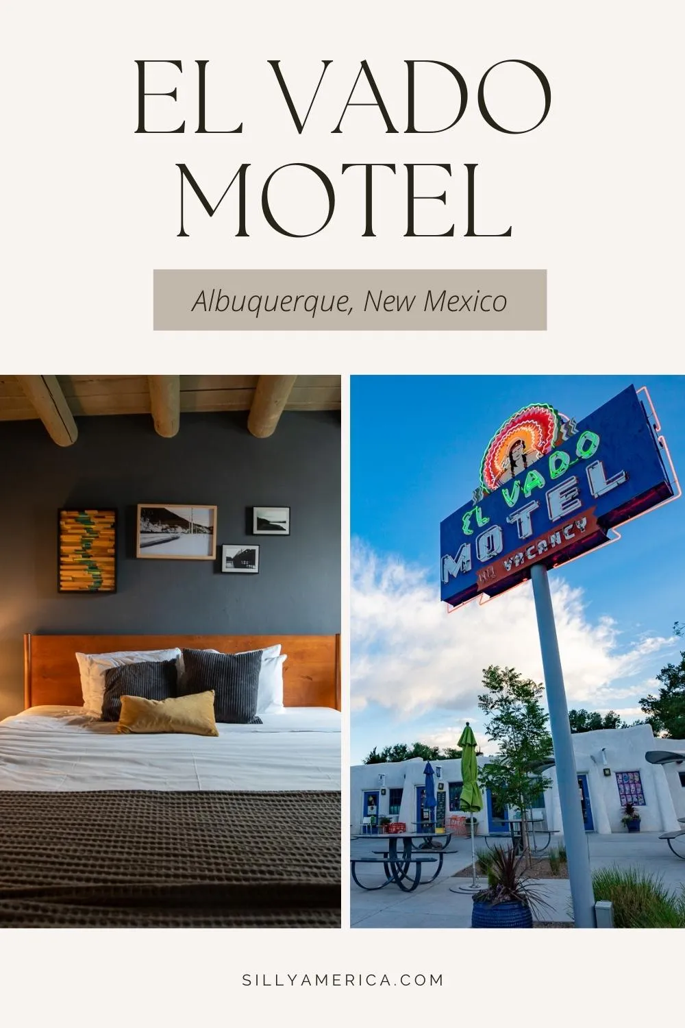 Traveling Route 66 in New Mexico? Stay in style. This vintage motel has been expertly renovated to retain all the vintage charm you'd crave with the modern amenities you need. Spend the night at the historic El Vado Motel in Albuquerque, New Mexico. Add this classic Route 66 motel to your road trip itinerary for your New Mexico Route 66 Road Trip. Features a convenient location, neon sign, and restored design! #Route66 #Route66Motels #NewMexicoRoute66 #NewMexico #Route66RoadTrip #ROadTrip