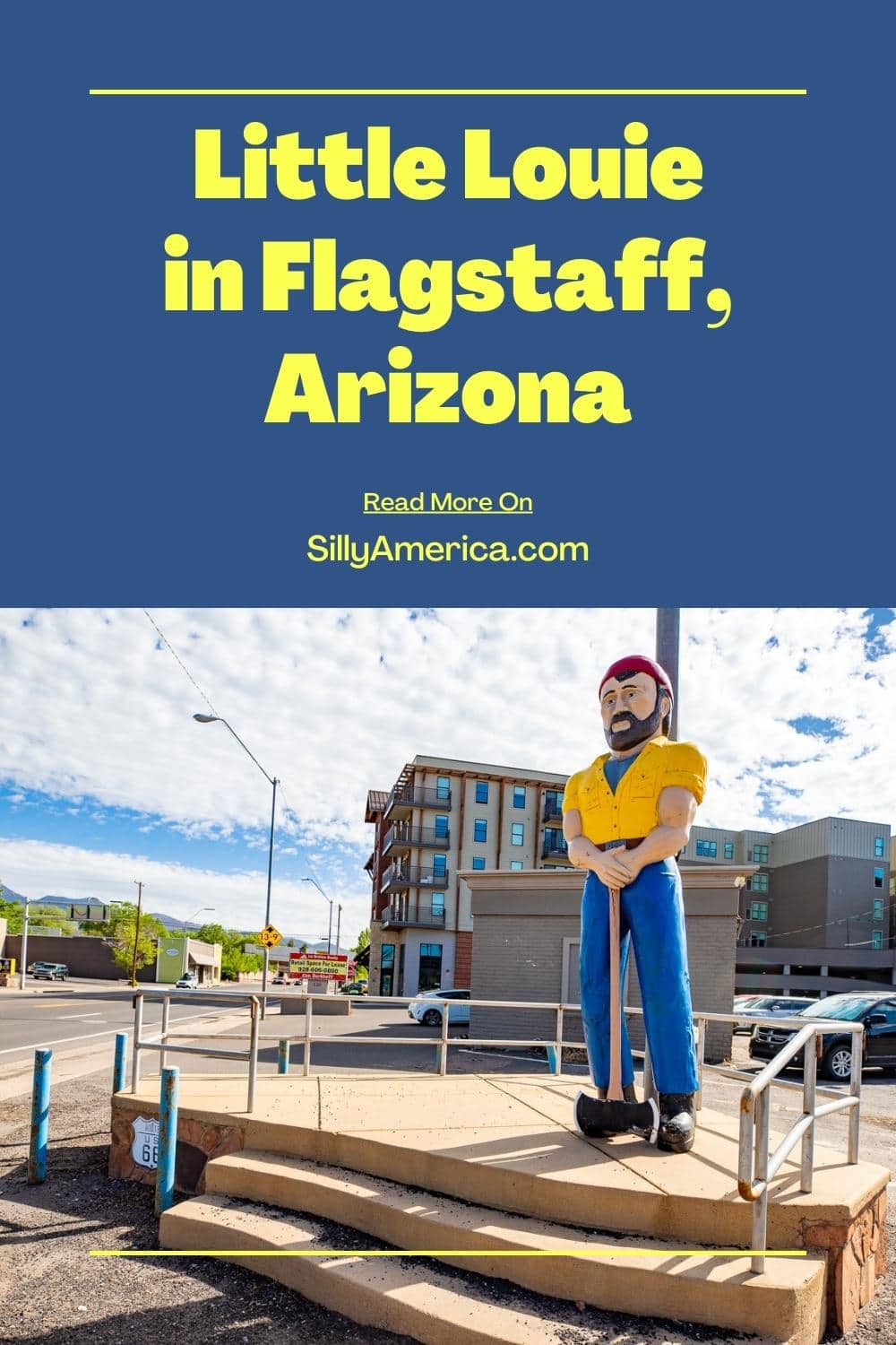Louie, Louie, me gotta go - to Flagstaff, Arizona to see Little Louie statue, the Louie the Lumberjack statue formally of Lumberjack Cafe Café fame.
Little Louie was not a muffler man. This ten-foot tall lumberjack was carved from cedar wood and was a little more short and stout than his fiberglass counterparts. But he was a beloved sculpture all the same.
Find this Route 66 roadside attraction in Flagstaff, Arizona - visit on your Route 66 road trip!
#Route66 #Route66RoadsideAttraction