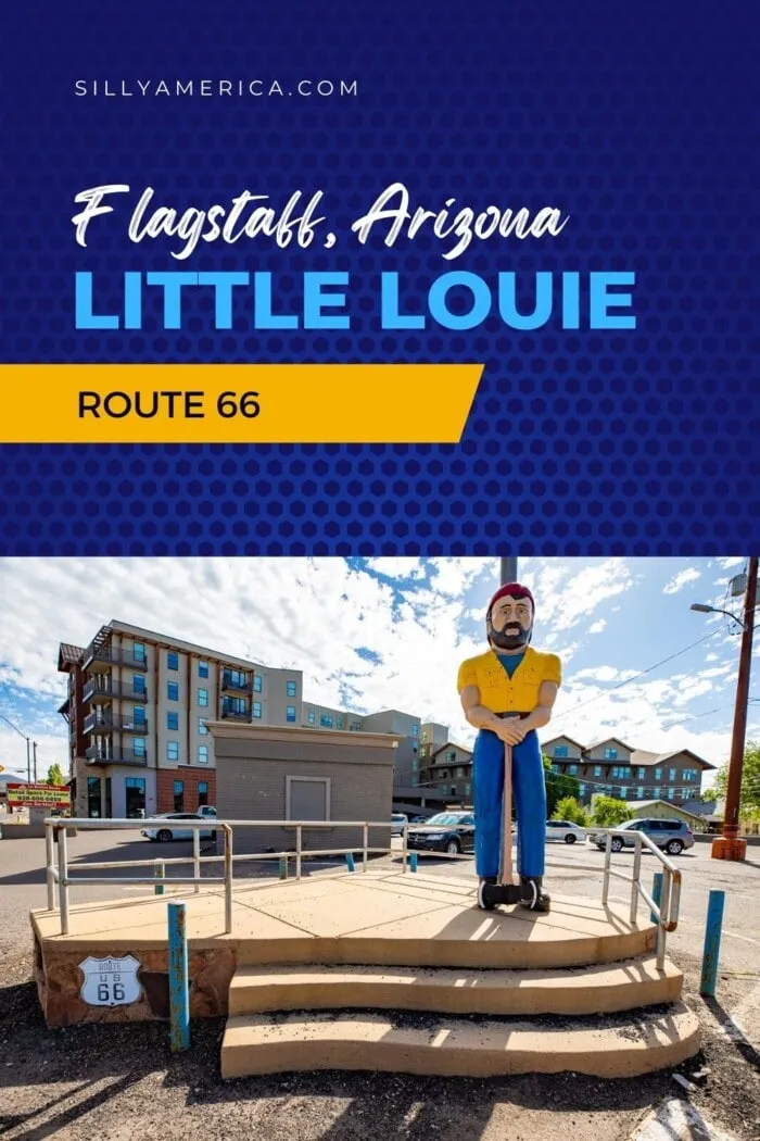 Louie, Louie, me gotta go - to Flagstaff, Arizona to see Little Louie statue, the Louie the Lumberjack statue formally of Lumberjack Cafe Café fame. Little Louie was not a muffler man. This ten-foot tall lumberjack was carved from cedar wood and was a little more short and stout than his fiberglass counterparts. But he was a beloved sculpture all the same. Find this Route 66 roadside attraction in Flagstaff, Arizona - visit on your Route 66 road trip! #Route66 #Route66RoadsideAttraction