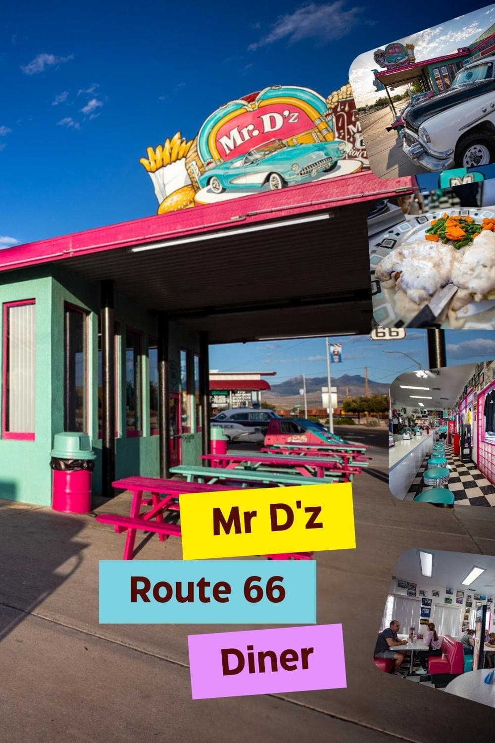 On road trips you're often trying to drive from point A to point B. But on a Route 66 road trip don't forget about point D, Mr D. Mr D'z Route 66 Diner in Kingman, Arizona is a quintessential stop for breakfast, lunch, or dinner on The Mother Road. The record-shaped menu is full of classic diner fare. There are omelets, pancakes, burgers, hot dogs, pizza, and old-school classics. Stop by on your Route 66 road trip in Arizona. #Route66 #Route66RoadTrip #ArizonaRoute66 #Route66Diner #Diner