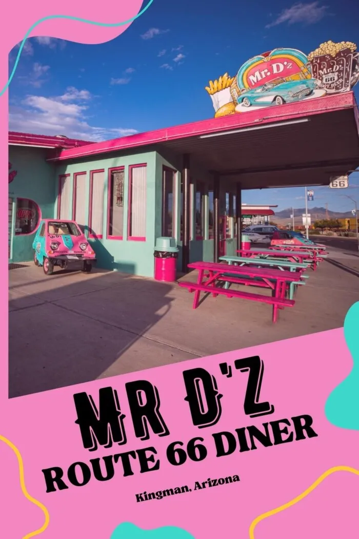 On road trips you're often trying to drive from point A to point B. But on a Route 66 road trip don't forget about point D, Mr D. Mr D'z Route 66 Diner in Kingman, Arizona is a quintessential stop for breakfast, lunch, or dinner on The Mother Road. The record-shaped menu is full of classic diner fare. There are omelets, pancakes, burgers, hot dogs, pizza, and old-school classics. Stop by on your Route 66 road trip in Arizona. #Route66 #Route66RoadTrip #ArizonaRoute66 #Route66Diner #Diner
