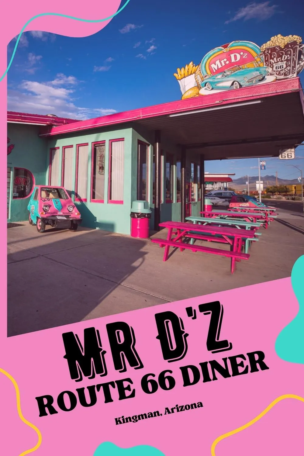 On road trips you're often trying to drive from point A to point B. But on a Route 66 road trip don't forget about point D, Mr D. Mr D'z Route 66 Diner in Kingman, Arizona is a quintessential stop for breakfast, lunch, or dinner on The Mother Road. The record-shaped menu is full of classic diner fare. There are omelets, pancakes, burgers, hot dogs, pizza, and old-school classics. Stop by on your Route 66 road trip in Arizona. #Route66 #Route66RoadTrip #ArizonaRoute66 #Route66Diner #Diner