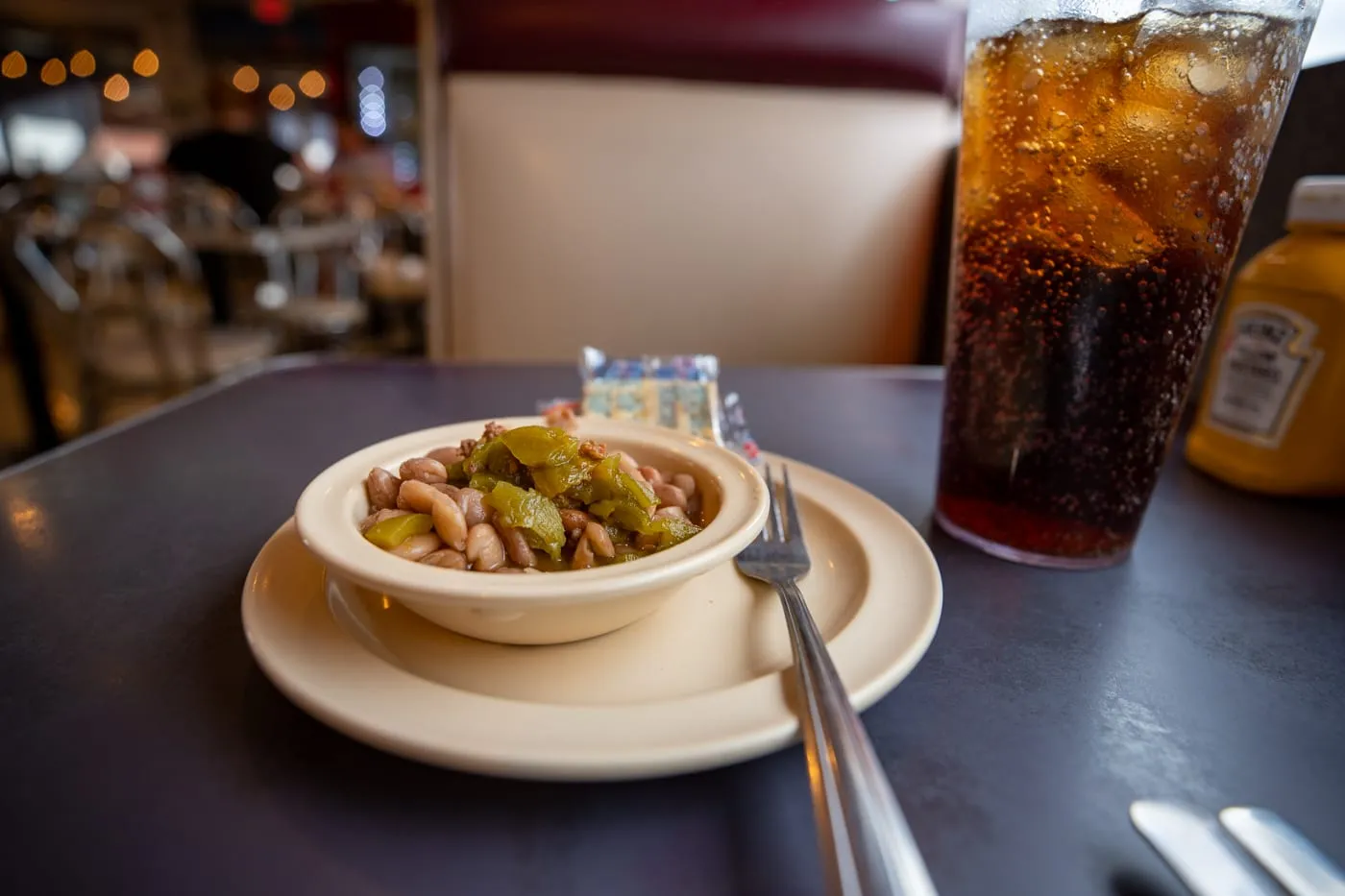 Complimentary beans and green chiles at Owl Cafe in Albuquerque, New Mexico (Route 66) - Arizona Route 66 roadside attraction and diner