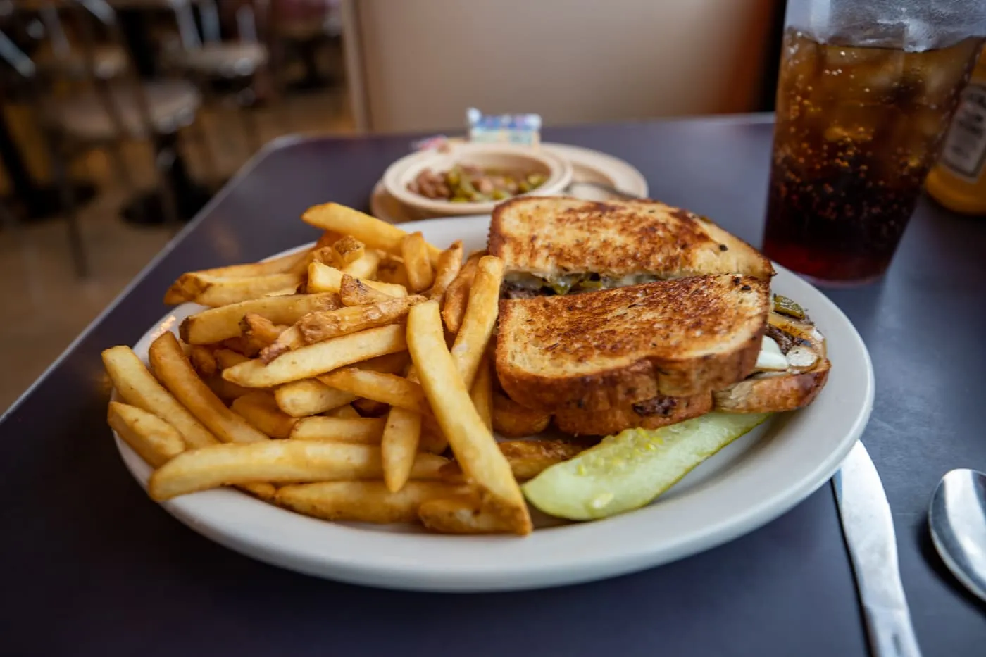 Albuquerque Patty Melt - patty melt with chopped green chilies at Owl Cafe in Albuquerque, New Mexico (Route 66) - Arizona Route 66 roadside attraction and diner