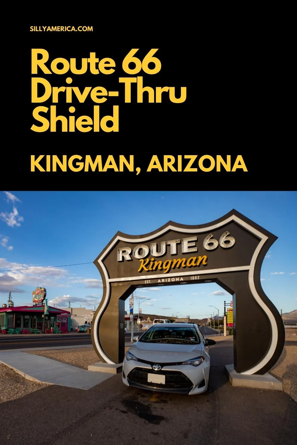 You'll spend a lot of time in your car on a Route 66 road trip, so it's only natural to want to take a photo of your car out on the road. Luckily for you, this roadside attraction was built for you to take photos with you AND your car. Pull over and take some souvenir photos with the Route 66 Drive-Thru Shield in Kingman, Arizona. Visit this fun Arizona roadside attraction on your Route 66 road trip. #Route66 #Route66RoadTrip #RoadsideAttraction #RoadsideAttraction s#Route66RoadsideAttraction