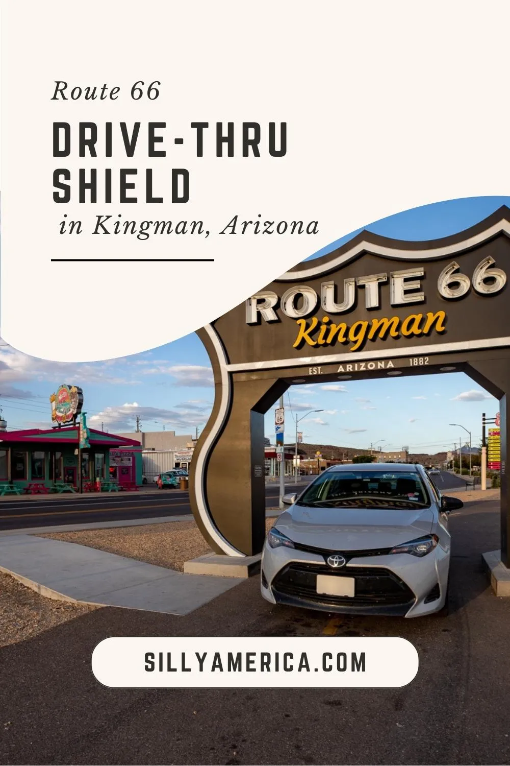 You'll spend a lot of time in your car on a Route 66 road trip, so it's only natural to want to take a photo of your car out on the road. Luckily for you, this roadside attraction was built for you to take photos with you AND your car. Pull over and take some souvenir photos with the Route 66 Drive-Thru Shield in Kingman, Arizona. Visit this fun Arizona roadside attraction on your Route 66 road trip. #Route66 #Route66RoadTrip #RoadsideAttraction #RoadsideAttraction s#Route66RoadsideAttraction