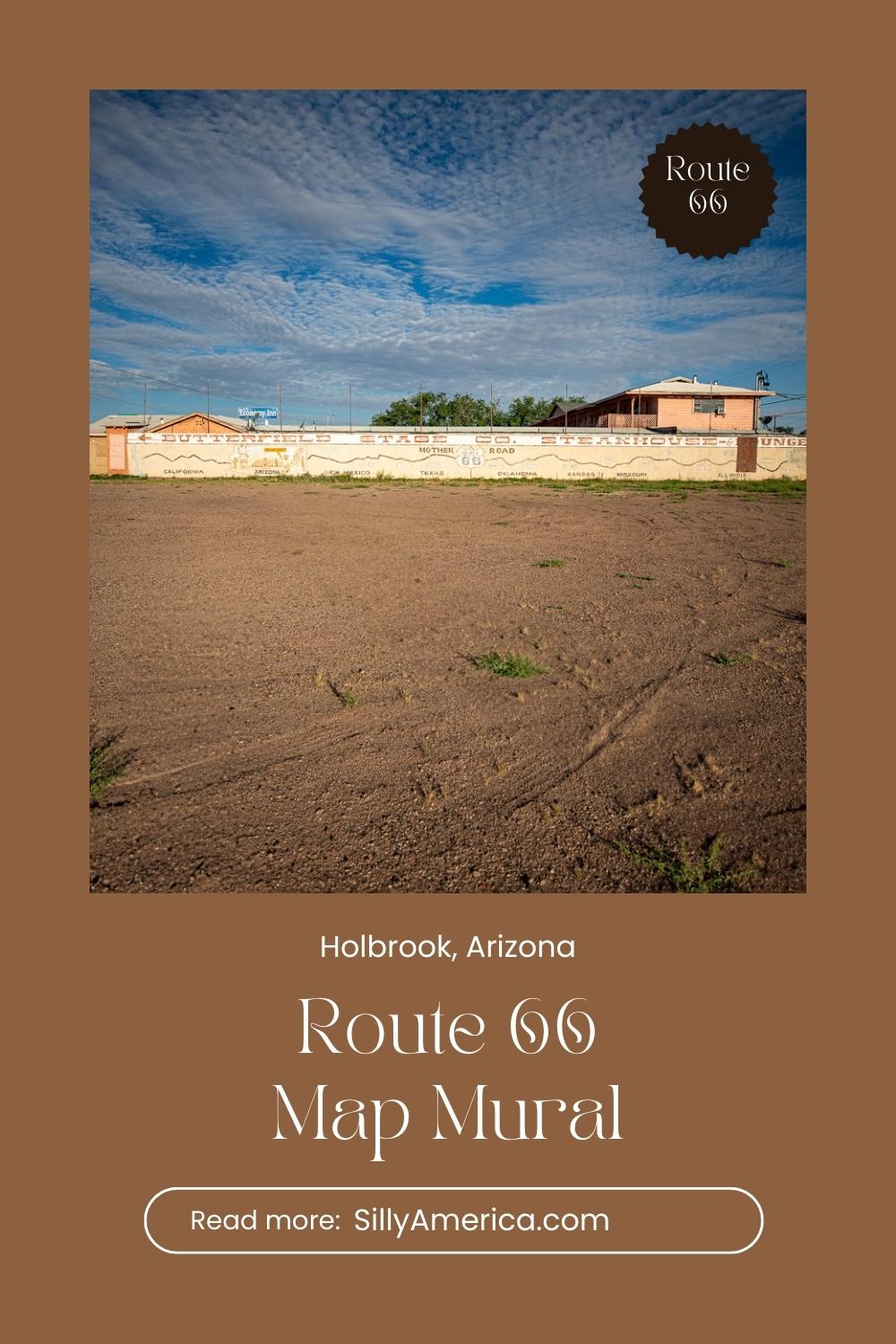 There are several murals that claim to be the "World's Longest Map of Route 66" or the "World's Largest Map of Route 66," each one creatively outlining the journey from Santa Monica, California to Chicago, Illinois in paint. And this Route 66 Map Mural in Holbrook, Arizona is no different. You can find this Route 66 map mural across from Butterfield Stage Co Steak House and Wigwam Motel in Holbrook. Add it to your road trip itinerary! #Route66 #Route66RoadTrip #ArizonaRoute66 #HolbrookArizona