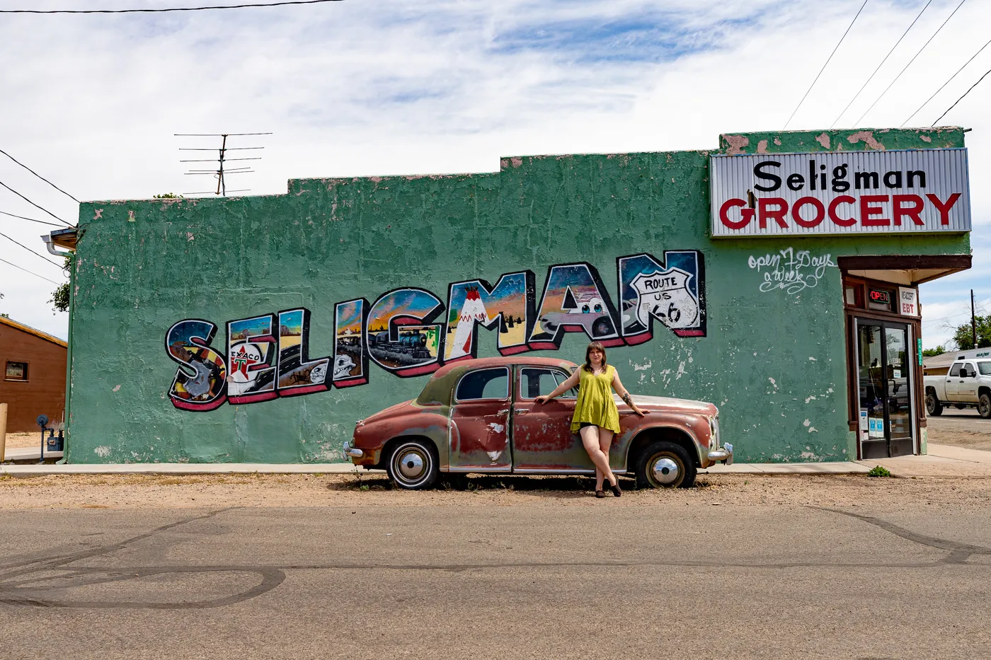 Seligman Grocery Mural on Arizona Route 66 - Green postcard mural in Seligman, Arizona