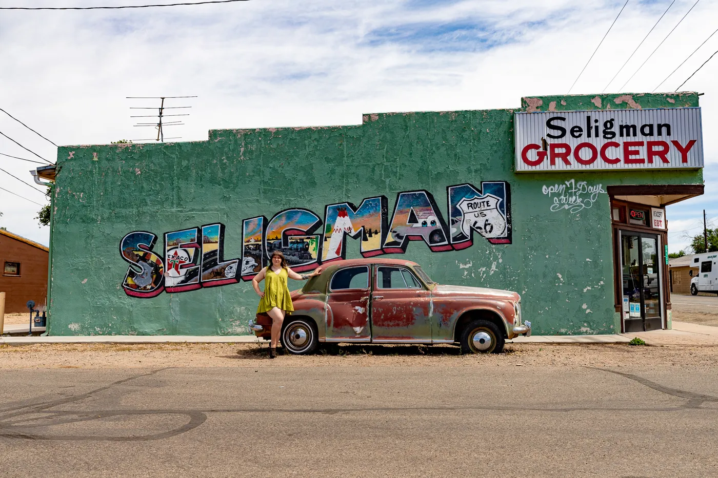 Seligman Grocery Mural on Arizona Route 66 - Green postcard mural in Seligman, Arizona