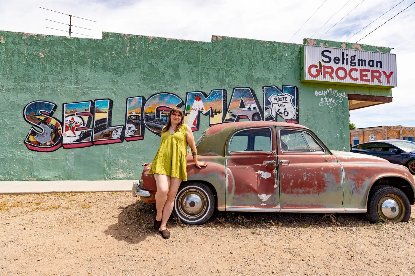 Seligman Grocery Mural on Arizona Route 66 - Green postcard mural in Seligman, Arizona