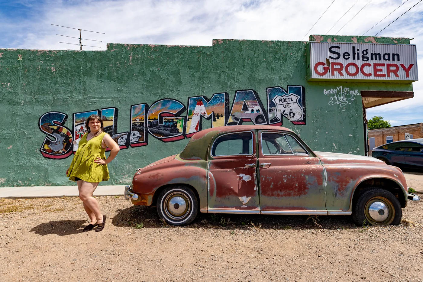 Seligman Grocery Mural on Arizona Route 66 - Green postcard mural in Seligman, Arizona