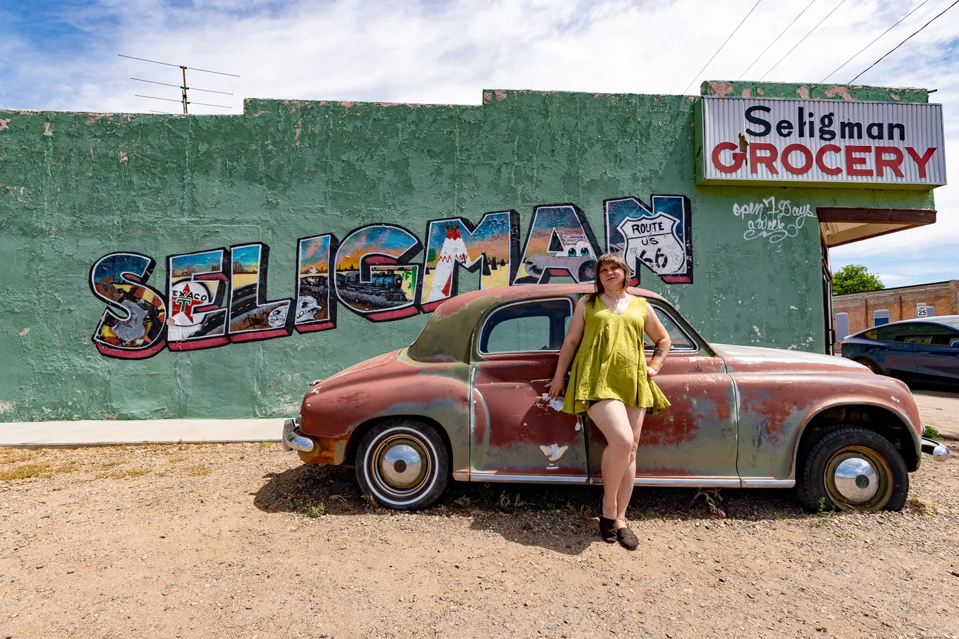 Seligman Grocery Mural on Arizona Route 66 - Green postcard mural in Seligman, Arizona