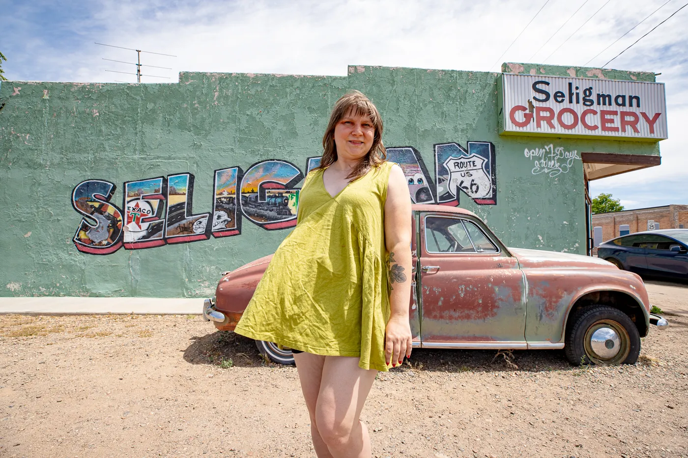 Seligman Grocery Mural on Arizona Route 66 - Green postcard mural in Seligman, Arizona