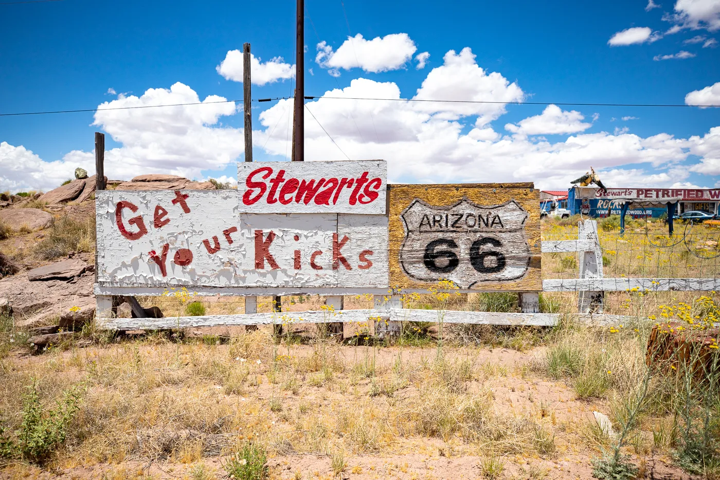 Entrance sign at Stewart's Petrified Wood in Holbrook, Arizona Route 66 Roadside Attraction