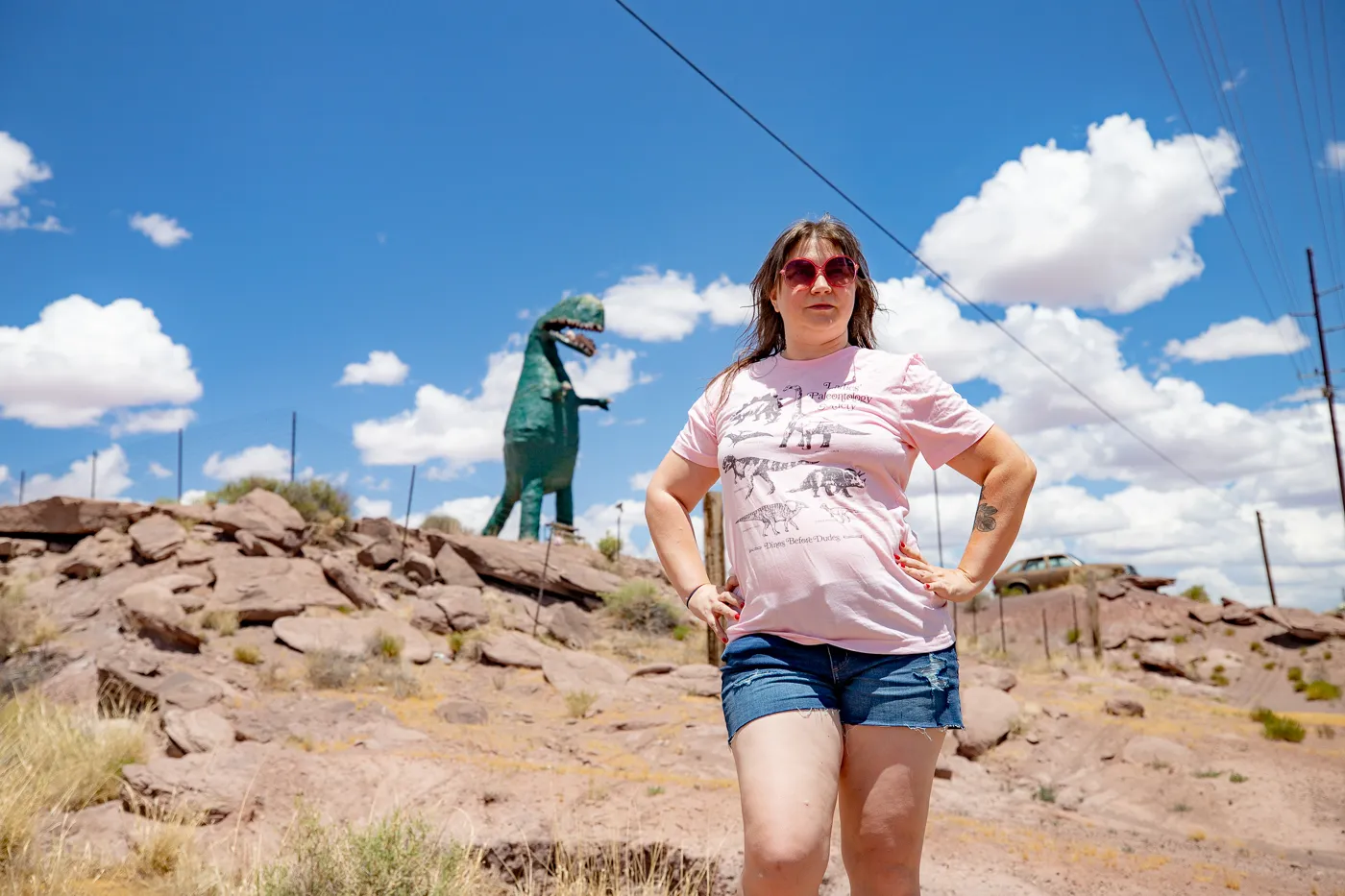 Giant dinosaur eating a woman at Stewart's Petrified Wood in Holbrook, Arizona Route 66 Roadside Attraction