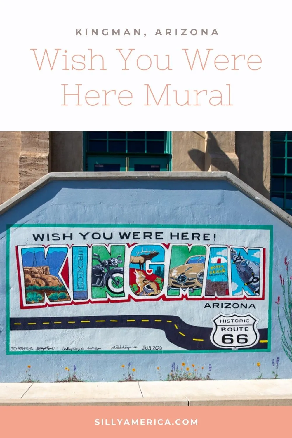 Welcome to Kingman, Arizona. Wish you were here! If you're stopping in town on your Route 66 road trip you'll surely feel this sentiment. So stop over at the Powerhouse Visitor Center to take some selfies with the Wish You Were Here Mural in Kingman, Arizona. The Wish You Were Here mural was designed by artist JC Amberlyn and was completed by four young local artists in 2020. You can find it on the side of the Powerhouse Visitor Center, which is home to the Kingman Route 66 museum. #Route66