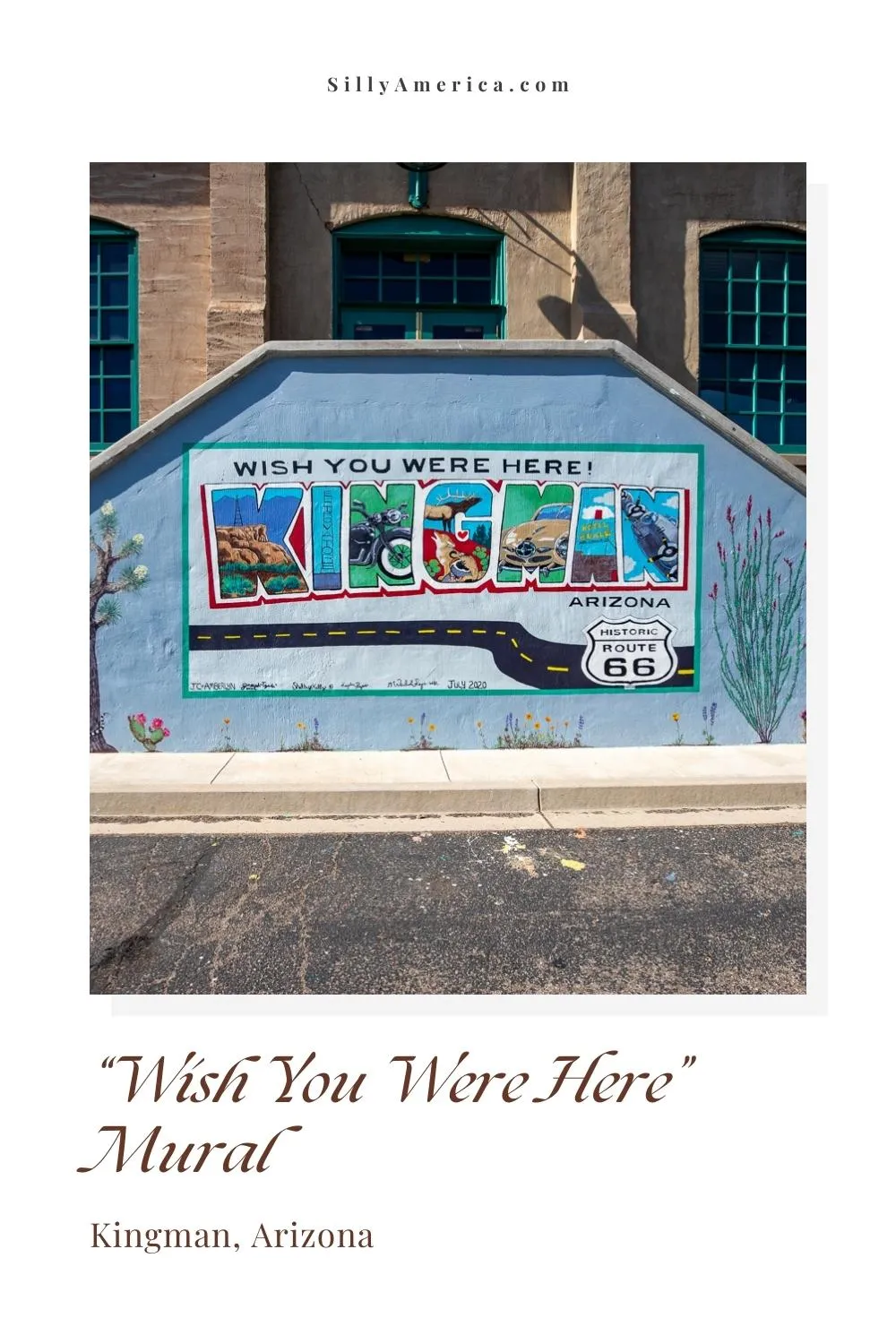 Welcome to Kingman, Arizona. Wish you were here! If you're stopping in town on your Route 66 road trip you'll surely feel this sentiment. So stop over at the Powerhouse Visitor Center to take some selfies with the Wish You Were Here Mural in Kingman, Arizona. The Wish You Were Here mural was designed by artist JC Amberlyn and was completed by four young local artists in 2020. You can find it on the side of the Powerhouse Visitor Center, which is home to the Kingman Route 66 museum. #Route66