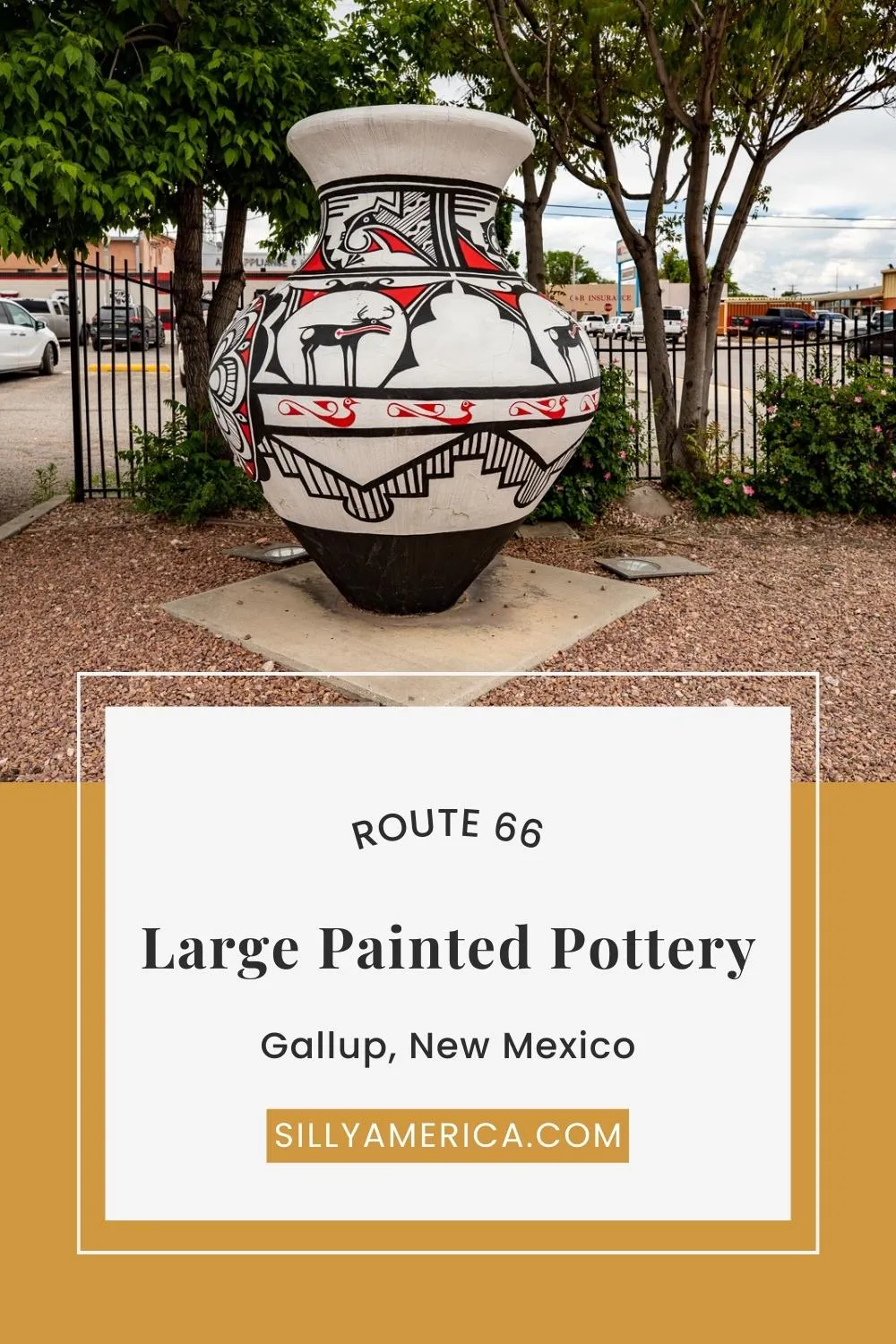There are many fun Route 66 attractions to explore in Gallup, New Mexico. While you're checking out the town there's a particular piece that might catch your eye over and over again. The Large Painted Pottery in Gallup, New Mexico. The painted pottery project was started as a way to beautify the ramps from I-40 into Gallup. Visit these fun Route 66 roadside attractions on a Route 66 road trip in New Mexico! #RoadsideAttraction #RoadsideAttractions #RoadTrip #Route66 #Route66RoadTrip