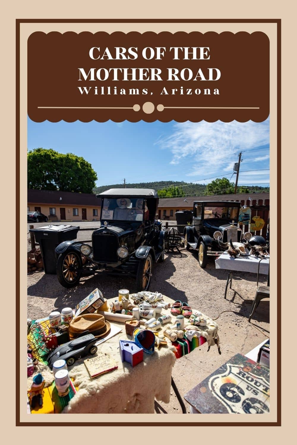 Cars of the Mother Road in Williams, Arizona is a fun stop for souvenirs, tours, and more. Outside of the Route 66 gift shop is a garden full of vintage cars, antiques, and fun photos ops. Find antiques, mementos, and souvenirs or book a mini guided tour of Williams Route 66 in a vintage vehicle at this Route 66 roadside attraction. Add it to the travel itinerary for your Route 66 road trip. #Route66 #Route66RoadTrip #RoadsideAttraction #RoadsideAttractions #Arizona #ArizonaRoadTrip