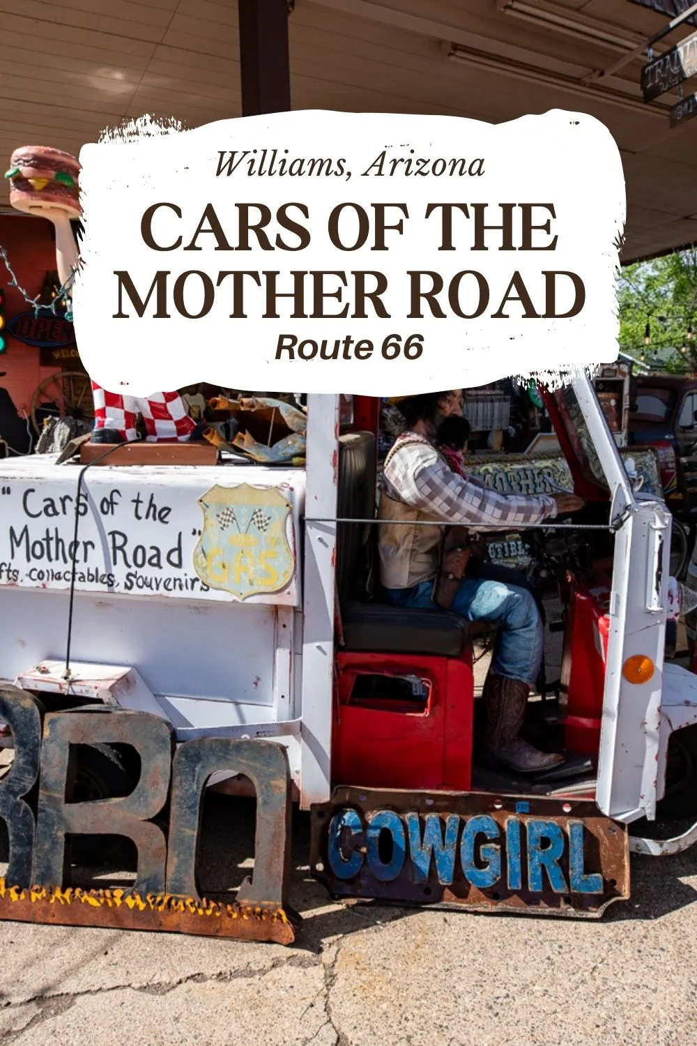 Cars of the Mother Road in Williams, Arizona is a fun stop for souvenirs, tours, and more. Outside of the Route 66 gift shop is a garden full of vintage cars, antiques, and fun photos ops. Find antiques, mementos, and souvenirs or book a mini guided tour of Williams Route 66 in a vintage vehicle at this Route 66 roadside attraction. Add it to the travel itinerary for your Route 66 road trip. #Route66 #Route66RoadTrip #RoadsideAttraction #RoadsideAttractions #Arizona #ArizonaRoadTrip