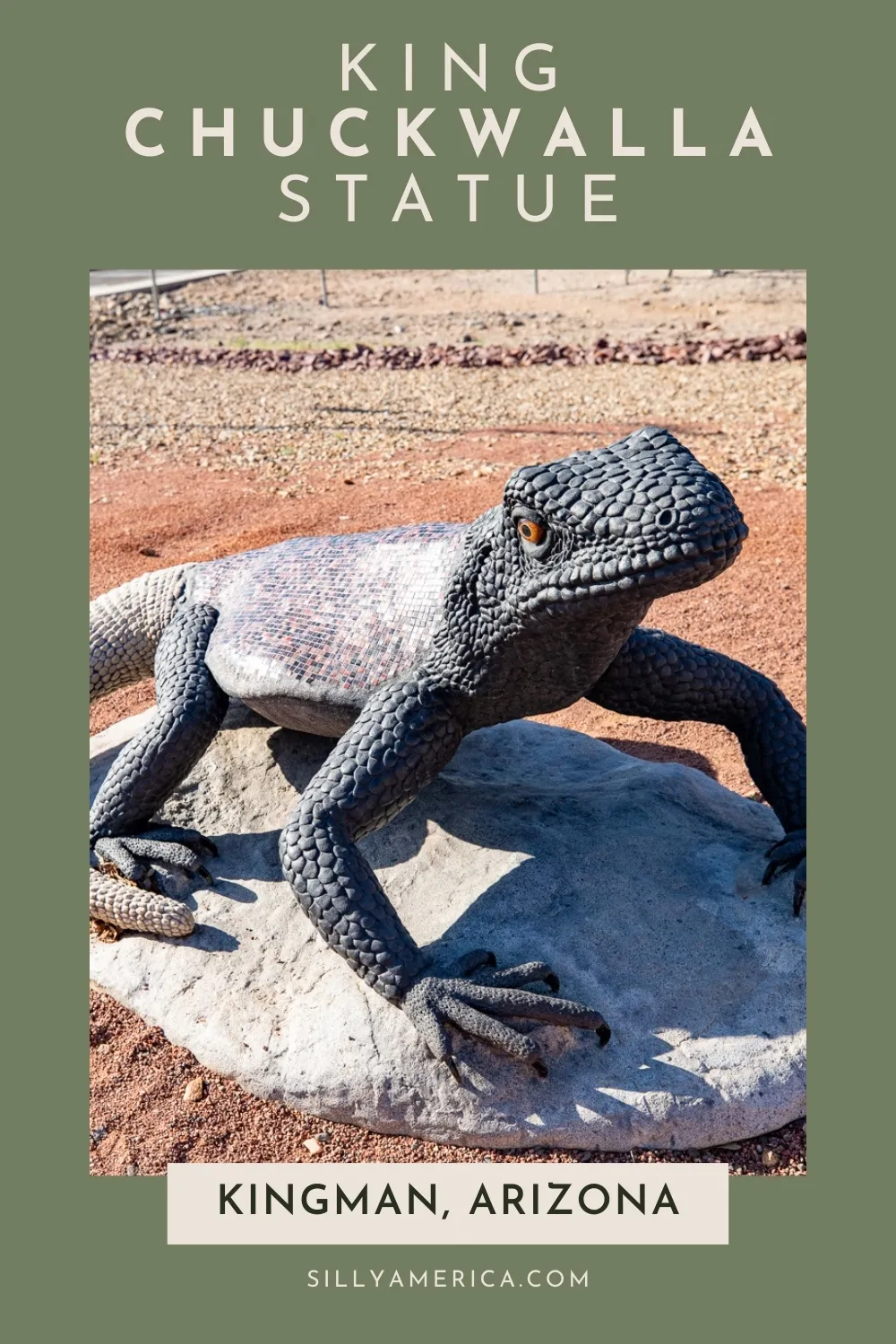 If you're driving through Arizona on a Route 66 road trip, you might find a few native chuckwalla lizards on the side of the road. But I guarantee you won't find any bigger than this one: the King Chuckwalla Statue in Kingman, Arizona. Visit this Arizona roadside attraction on your Route 66 road trip. Add it to your travelitinerary and bucket list! #Route66 #Route66RoadTrip #RoadsideAttraction #RoadsideAttractions #ArizonaRoadsideAttraction