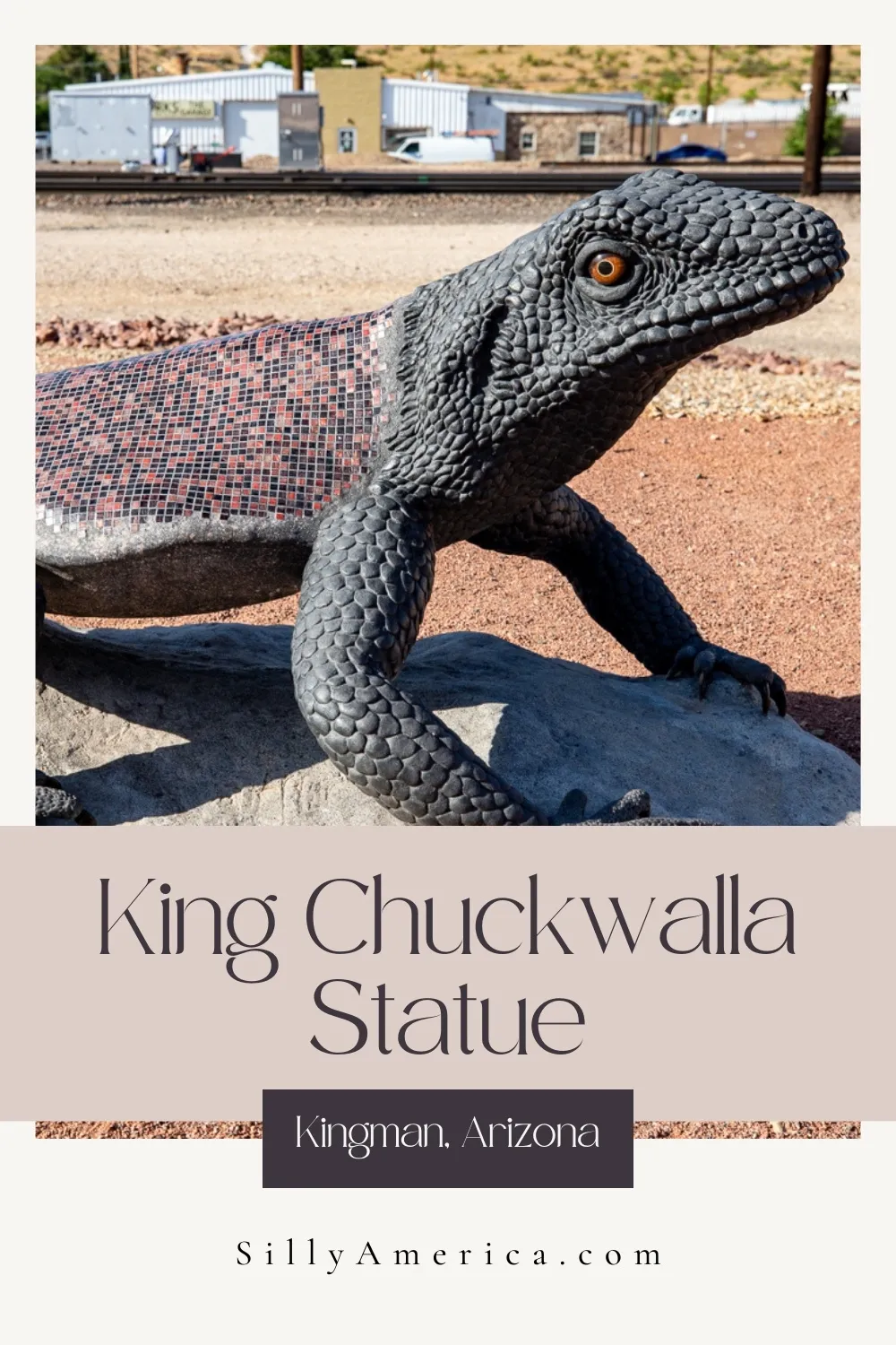 If you're driving through Arizona on a Route 66 road trip, you might find a few native chuckwalla lizards on the side of the road. But I guarantee you won't find any bigger than this one: the King Chuckwalla Statue in Kingman, Arizona. Visit this Arizona roadside attraction on your Route 66 road trip. Add it to your travelitinerary and bucket list! #Route66 #Route66RoadTrip #RoadsideAttraction #RoadsideAttractions #ArizonaRoadsideAttraction