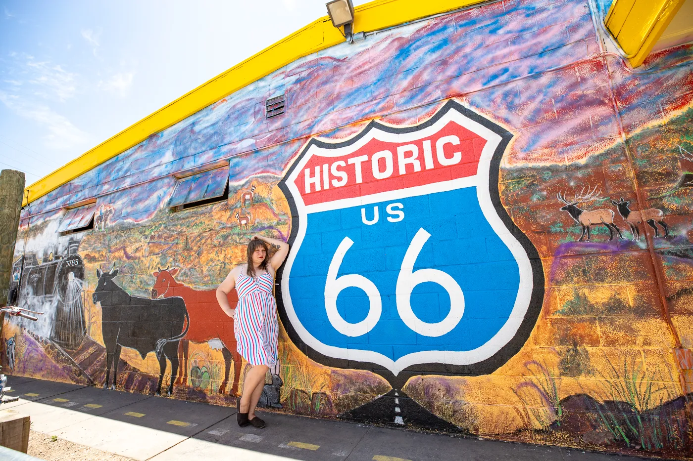 Copper Cart and Route 66 Motoporium in Seligman, Arizona Motorcycle and Route 66 Mural