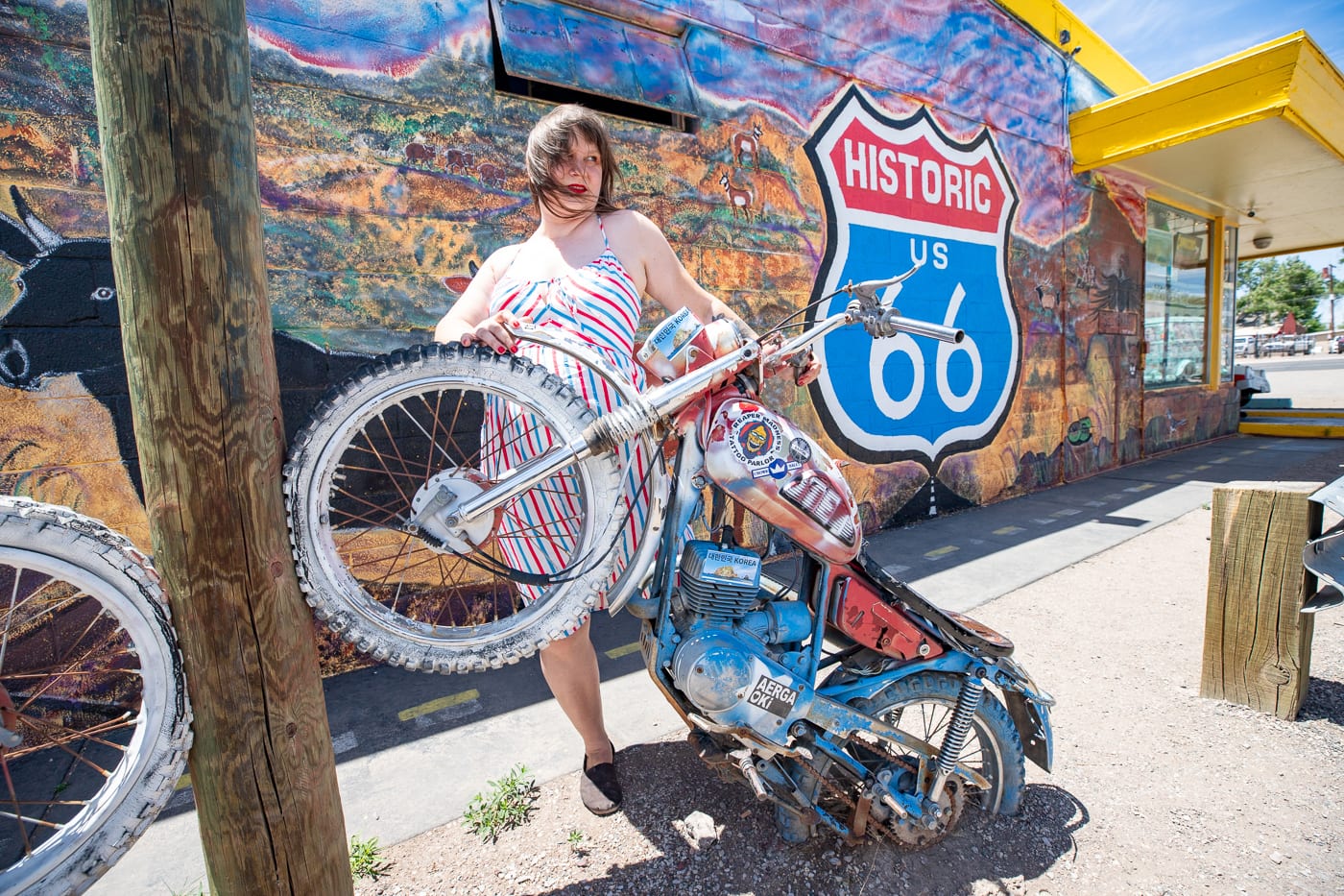 Copper Cart and Route 66 Motoporium in Seligman, Arizona Motorcycle and Route 66 Mural