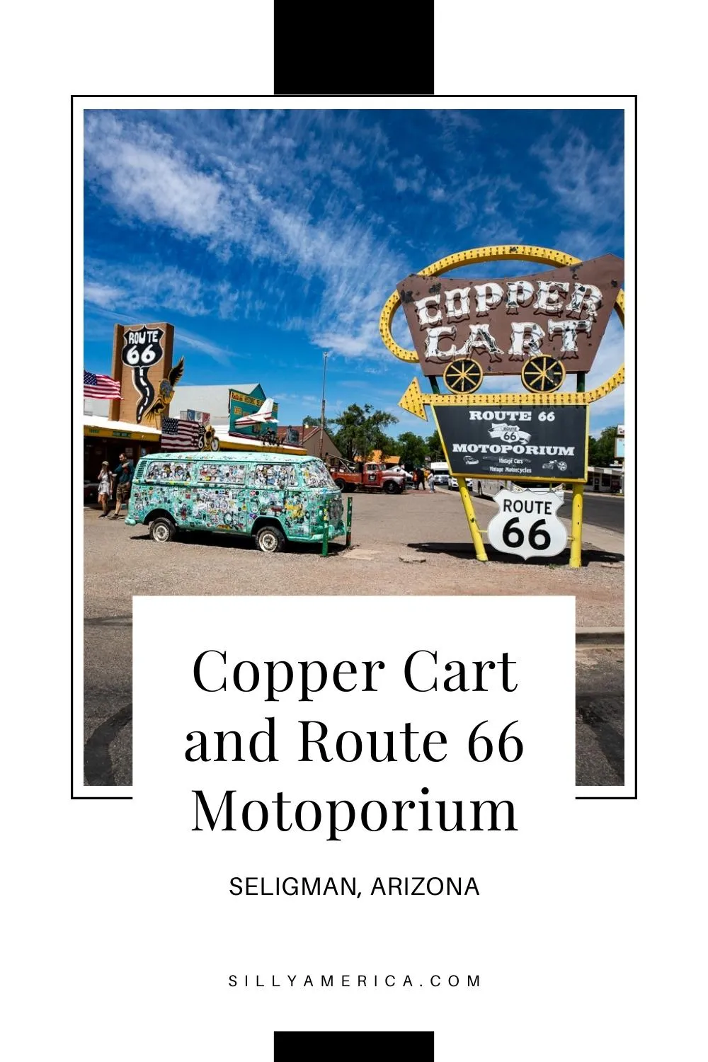 Known for its iconic neon sign and great Mexican food, the Copper Cart in Seligman, Arizona was once one of the most popular Route 66 restaurants in town. You can no longer get food at this establishment, but you can still come inside. The building is now home to the Route 66 Motoporium. The Route 66 museum features motorcycles and other vintage cars - both inside and out! Add this roadside attraction to your Route 66 road trip itinerary! #Route66 #Route66RoadTrip #RoadsideAttraction #Arizona