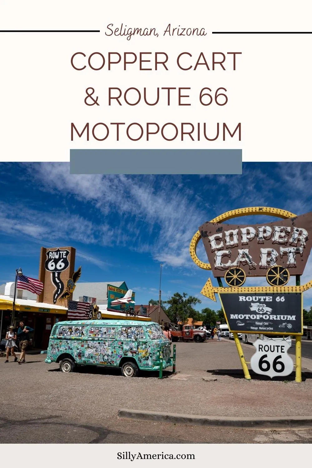 Known for its iconic neon sign and great Mexican food, the Copper Cart in Seligman, Arizona was once one of the most popular Route 66 restaurants in town. You can no longer get food at this establishment, but you can still come inside. The building is now home to the Route 66 Motoporium. The Route 66 museum features motorcycles and other vintage cars - both inside and out! Add this roadside attraction to your Route 66 road trip itinerary! #Route66 #Route66RoadTrip #RoadsideAttraction #Arizona