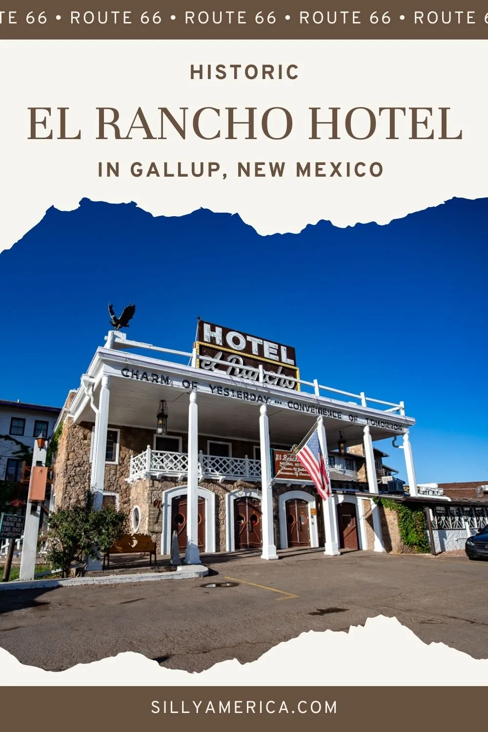 “Charm of Yesterday, Convenience of Tomorrow.” Experience both when you book a room in a classic Route 66 motel that has been attracting travelers, and celebrities, since the 1930s: El Rancho Hotel in Gallup, New Mexico. The historic El Rancho Hotel in Gallup, New Mexico housed many famous celebrities and Hollywood stars when western movies were filmed in the area. Stay where they stars did when you book this New Mexico hotel on your Route 66 Road Trip. #Route66 #Route66Hotel #Route66RoadTrip