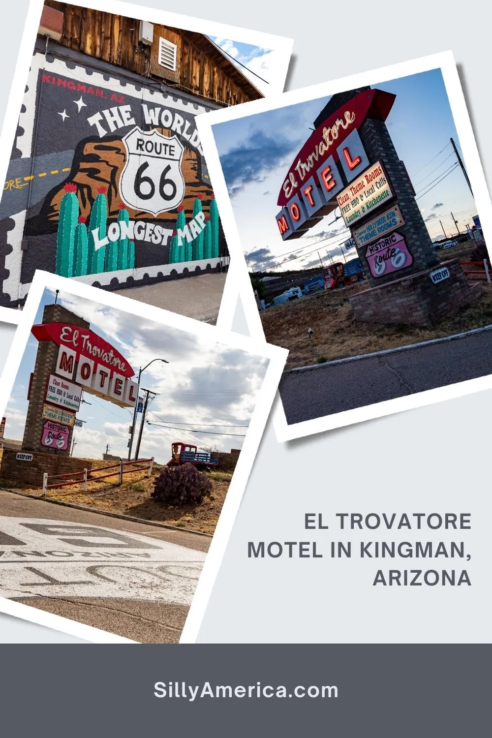 Sleep under the "stars" by the glow of a neon light. El Trovatore Motel in Kingman, Arizona is known for being one of the best motels on Route 66, for once attracting some of the biggest stars in Hollywood, and for its famous neon sign. Pull off the road, book a room, and spend the night in one of their Hollywood themed rooms on Route 66! Stay in theme rooms in a Route 66 motel with a famous neon sign. Stop on a road trip! #Route66 #Route66Hotel #Route66Motel #Route66RoadTrip #Arizona