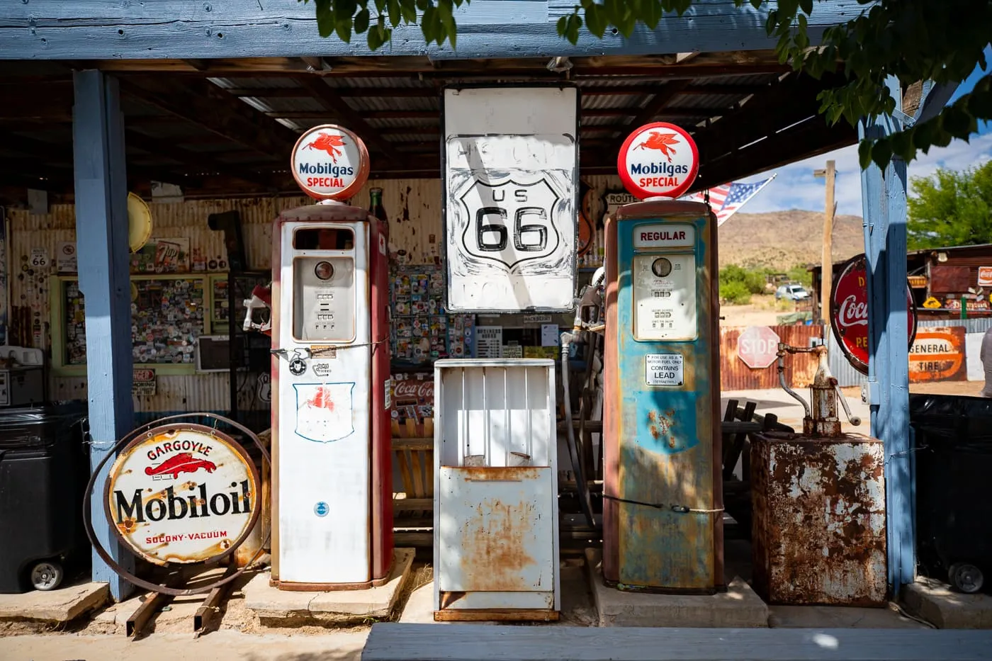 Vintage Gas pumps at Hackberry General Store in Kingman, Arizona Route 66 Roadside Attraction and Souvenir Shop