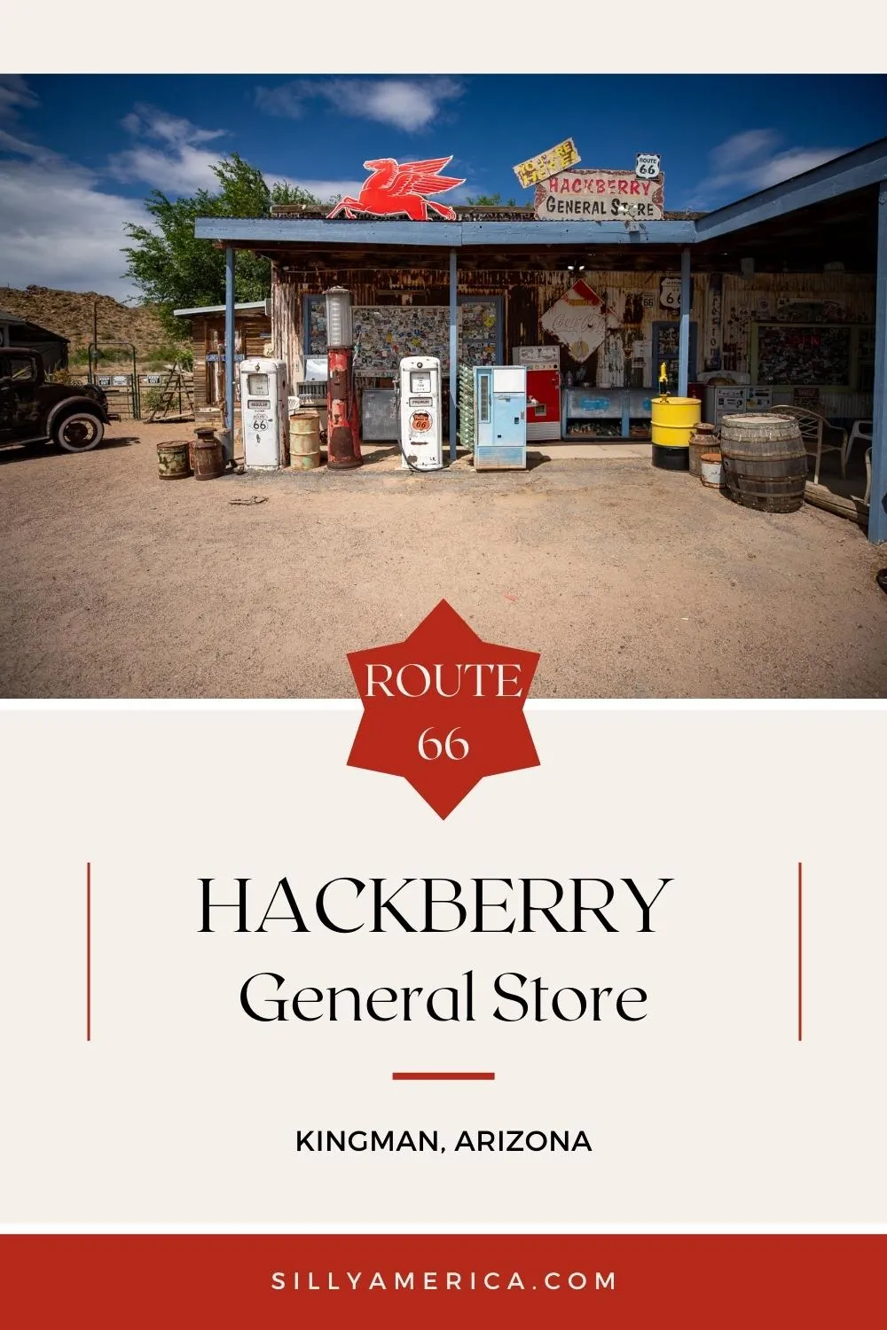 If you’re driving Route 66 and see this junkyard of a place out of your car’s window, you might assume it’s been long shuttered and be tempted to keep driving by. But Hackberry General Store in Kingman, Arizona is alive and well on Route 66. So pull over, get out of your car, and explore the nostalgia of this famous Route 66 attraction. Visit this Route 66 roadside attraction on your Arizona Route 66 road trip! #Route66 #Route66RoadTrip #Route66RoadsideAttraction #RoadTrip #RoadsideAttraction