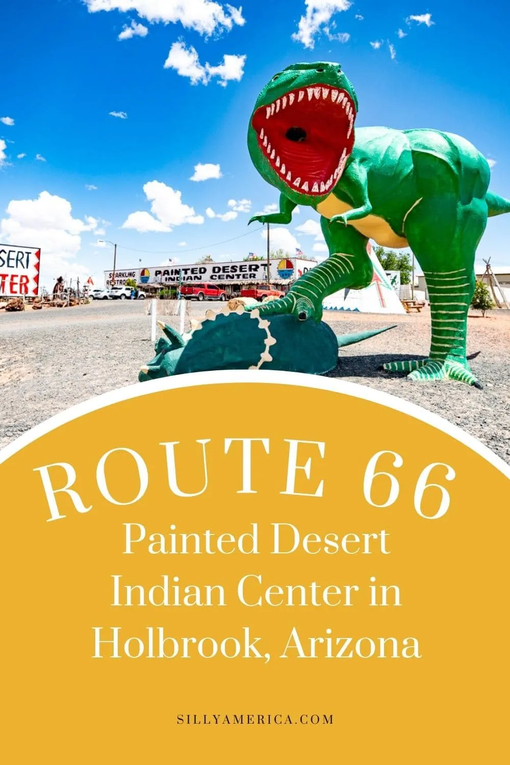 Painted Desert Indian Center in Holbrook, Arizona has been serving customers since 1979. Pull off the road for the Jurassic photo ops, stay for the unique selection of Arizona souvenirs. Find a menagerie of roadside attractions meant to catch your eye from the highway, like a slew of large cartoonish dinosaurs attacking other dinosaurs. Visit this Arizona Route 66 roadside attraction and souvenir store on your Route 66 road trip. Add it to your travel itinerary! #Route66 #Route66RoadTrip