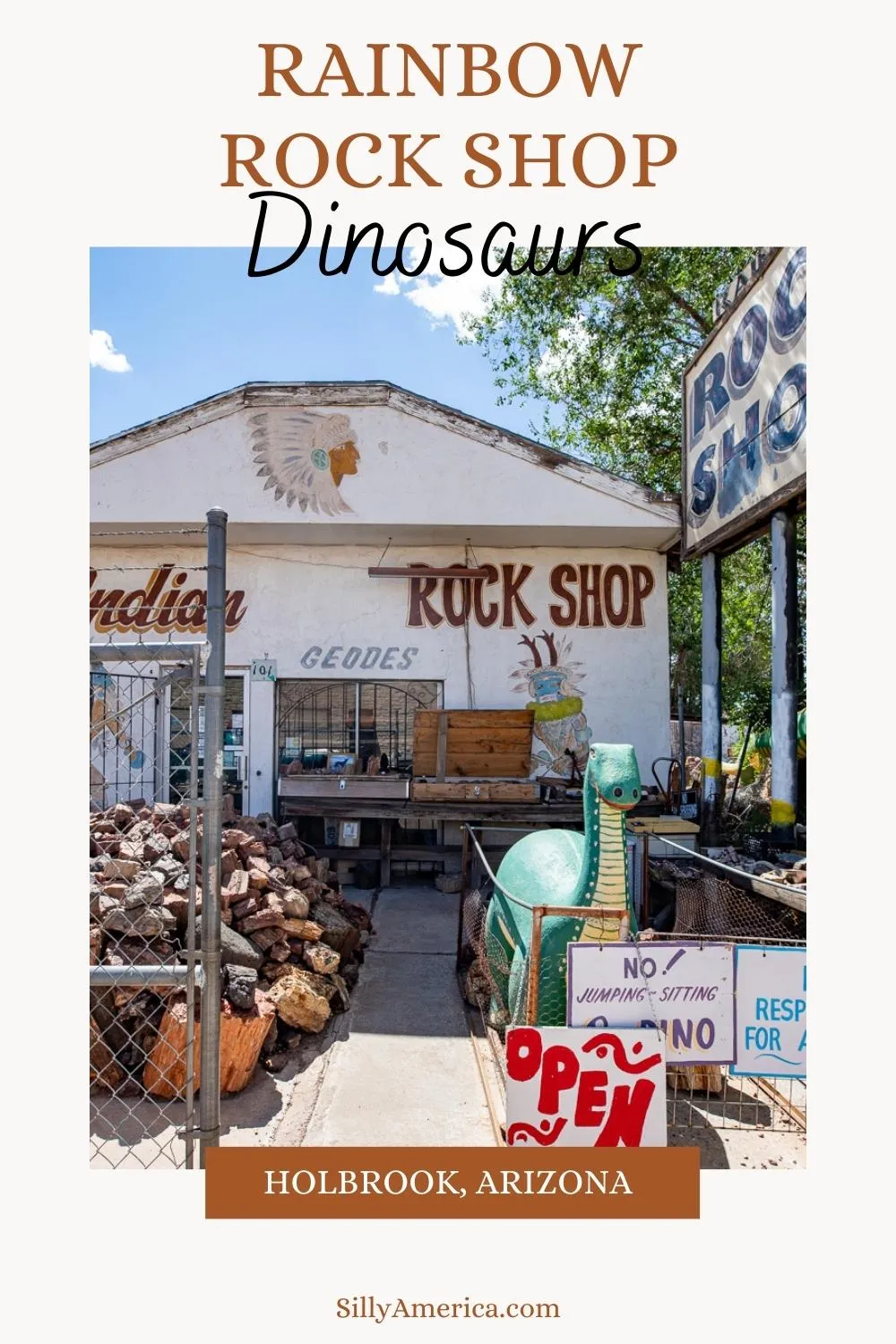 Somewhere over the rainbow on Route 66 you'll find this enchanting roadside attraction: the Rainbow Rock Shop Dinosaurs in Holbrook, Arizona. These cartoon dinosaurs stand outside a petrified wood shop and souvenir stand in Holbrook, Arizona. Visit this fun Arizona Route 66 roadside attraction on your Route 66 road trip. Add it to your travel itinerary and bucket list! #Route66 #Route66RoadTrip #ArizonaRoute66 #RoadsideAttraction #RoadsideAttractions