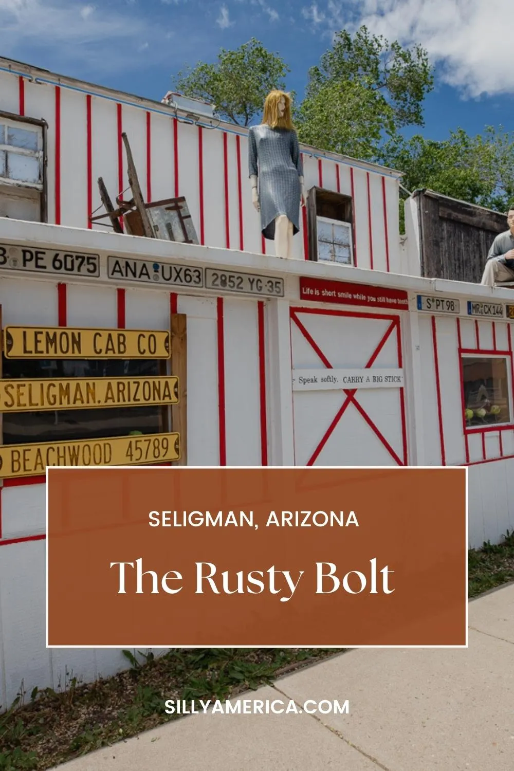 Joints feeling a little rusty after sitting in a car all day? Here's a stop where you can stretch your legs, check out some interesting customers, take some photos, and do some shopping. The Rusty Bolt in Seligman, Arizona is a popular stop on Route 66 for road trippers and bikers. You might even meet a new friend. Visit this fun Route 66 roadside attraction on your Route 66 road trip in Seligman, Arizona. Add it to your travel itinerary! #RoadsideAttraction #Route66 #RoadTrip #Route66RoadTrip