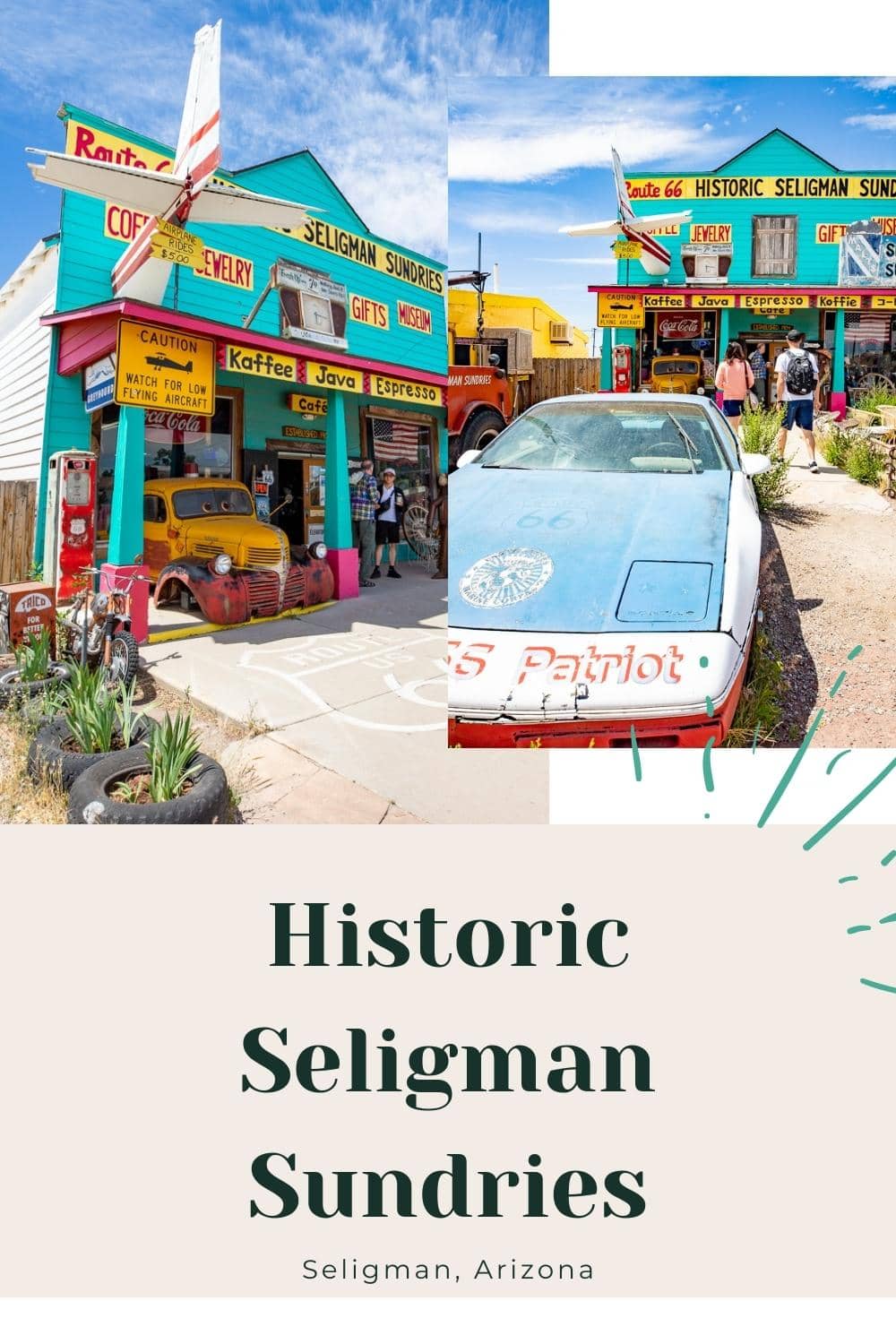 Step into history, and grab a java while you’re there, visit Historic Seligman Sundries in Seligman, Arizona for some kitsch and coffee. The Historic Seligman Sundries is housed in one of the oldest buildings in Seligman, built in 1904. The building originally was home to Pioneer Hall Theatre then Dancehall Ted's Fountain. Today at this location you can find Historic Seligman Sundries, a coffee bar and gift shop. Stop at this Arizona roadside attraction on your Route 66 road trip. #RoadTrip