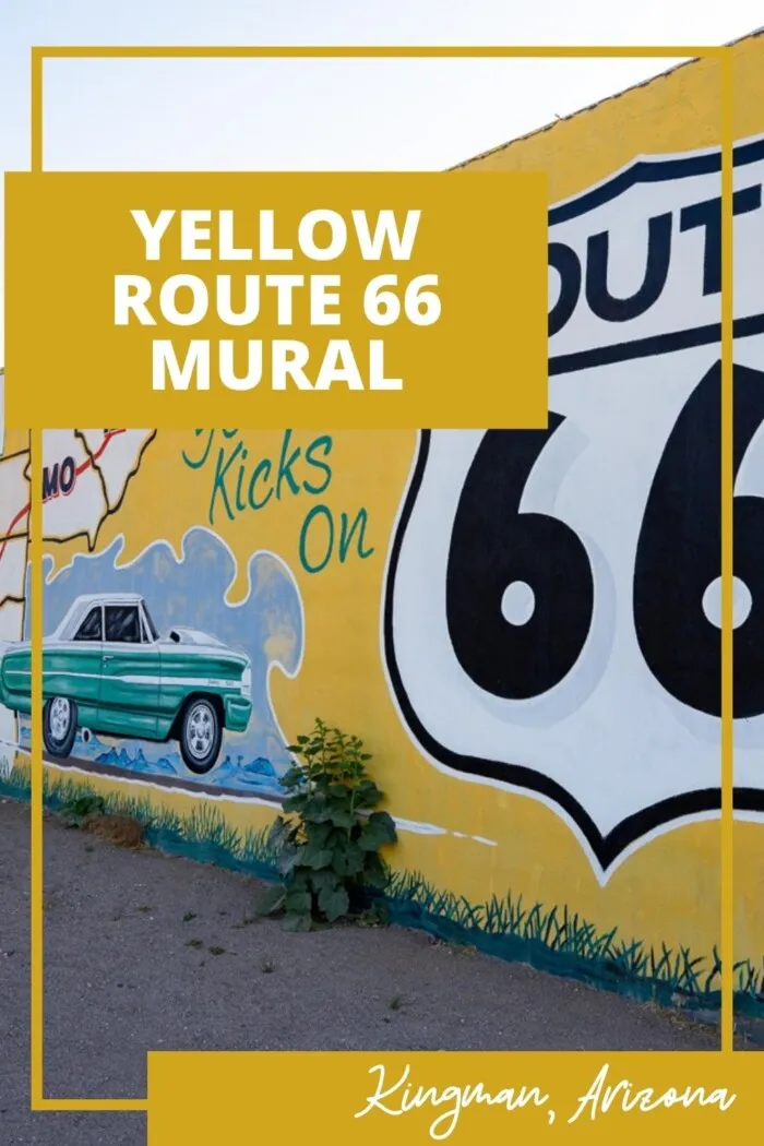 Located in downtown Kingman, Arizona, this bright yellow Route 66 Mural is also known as the Get Your Kicks on Route 66 mural. This Route 66 mural in Kingman features a bright yellow backdrop with a map of the eight states on Route 66 (Illinois, Missouri, Kansas, Oklahoma, Texas, New Mexico, Arizona, and California). Visit this mural and roadside attraction on your Route 66 road trip. #RoadsideAttraction #RoadsideAttractions #ArizonaRoadsideAttraction #RoadTrip #ArizonaRoadTrip