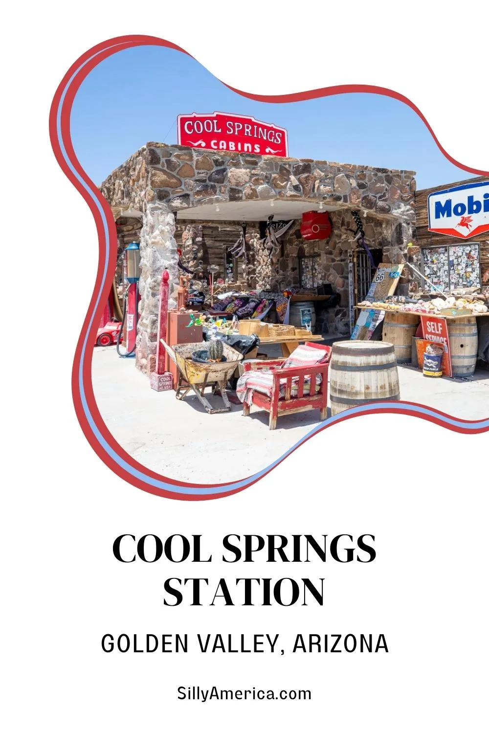 Cool Springs Station in Golden Valley, Arizona is the last place to pull over over before driving the winding mountainous road through the Black Mountains up Sitgreaves Pass to Oatman. Stop at this historic gas station for Route 66 souvenirs or a snack break on your road trip. Visit this fun Route 66 roadside attraction on your Arizona Route 66 road trip. Add the stop to your travel itinerary. #Route66 #Route66RoadTrip #RoadTrip #RoadsideAttraction #ArizonaRoadsideAttraction #ArizonaRoute66