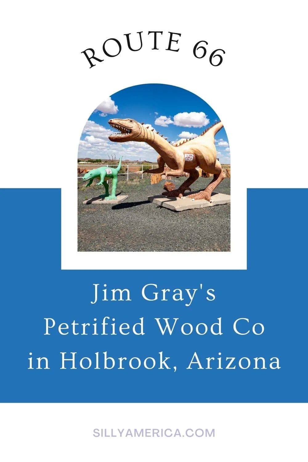 You can't drive Route 66 in Arizona without passing by a petrified wood shop or two, each trying to outdo each other with weirder and bigger roadside attractions and gimmicks that catch the eye of passersby. One of the best of these Route 66 rock shops you can find is Jim Gray's Petrified Wood Co in Holbrook, Arizona. Look for the dinosaurs, the 2.9 million year old alligator, and impressive selection of natural souvenirs. #Route66 #Route66RoadTrip #ArizonaRoadTrip #Arizona #RoadsideAttraction