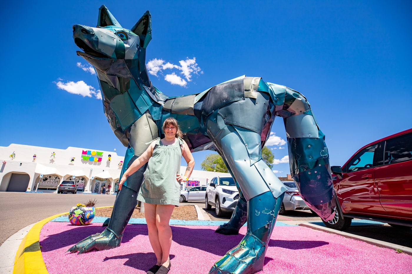 Green Coyote Giant Coyote Statue at Meow Wolf in Santa Fe New Mexico