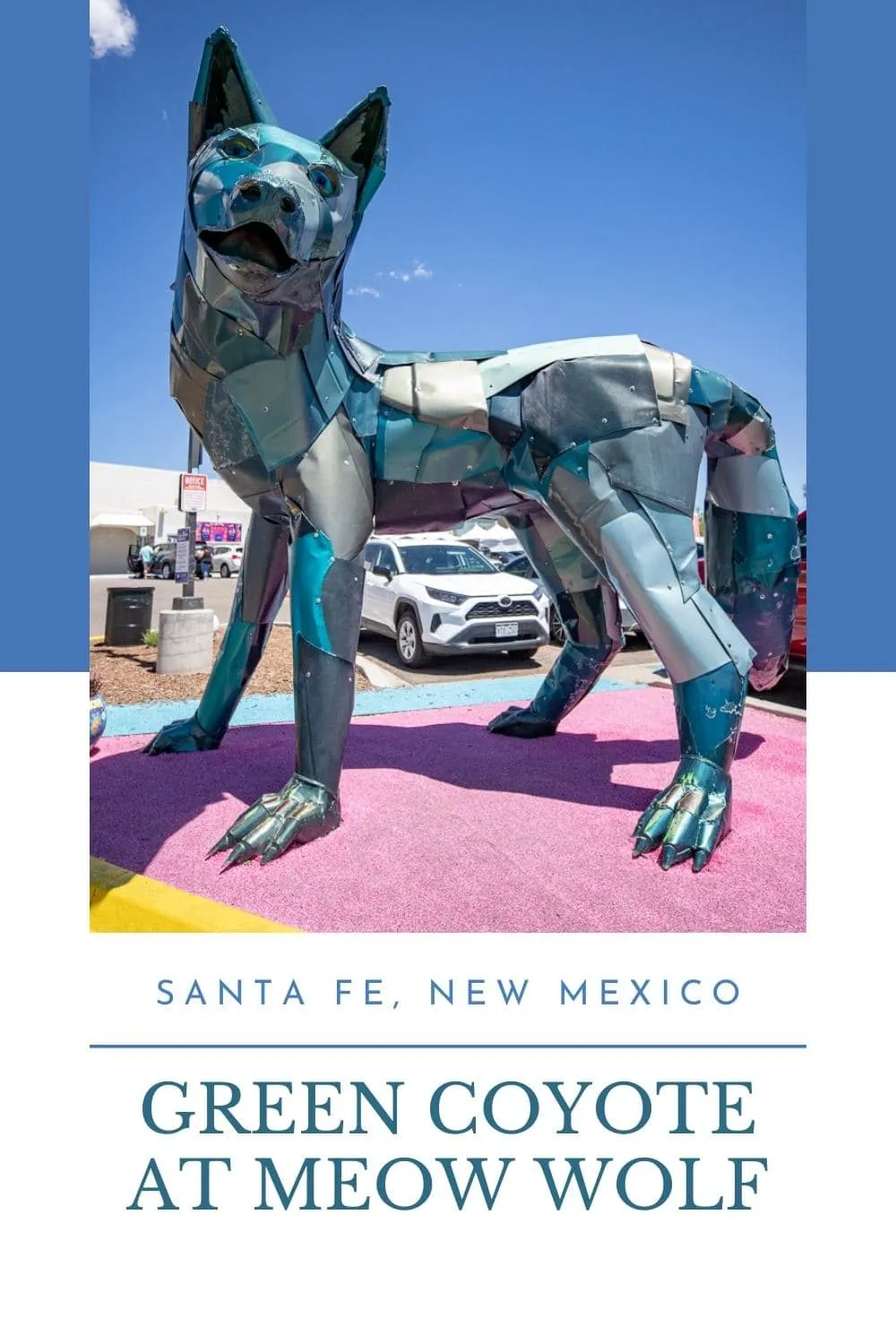 This roadside attraction is pretty wild. Find the giant Green Coyote statue in front of Meow Wolf in Santa Fe, New Mexico. The giant coyote sculpture is officially titled "Green Coyote" and was created by artist Don Kennell. It was originally, temporarily, erected at Railyard Park’s picnic circle in Santa Fe before finding a permanent home outside of Meow Wolf’s House of Eternal Return in Santa Fe, New Mexico. #MeowWolf #RoadsideAttraction #RoadsideAttractions #NewMexicoRoadsideAttraction