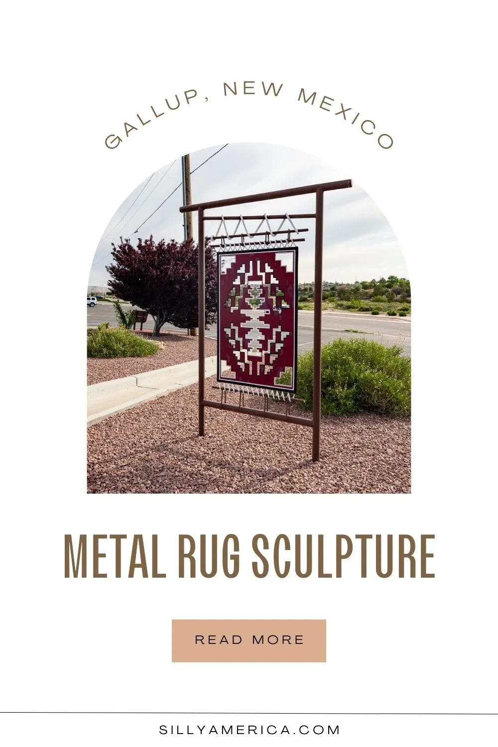 This metal rug sculpture is found in front of Perry Null Trading Company, a shop in Gallup, New Mexico that sells Native American jewelry, arts, and crafts. They specialize in silver and turquoise jewelry, pottery, carvings, and rugs. It was crafted by Navajo artist Leonardo Jim. Visit this Route 66 roadside attraction on your Route 66 road trip in New Mexico. Add it to your travel itinerary. #Route66 #Route66RoadTrip