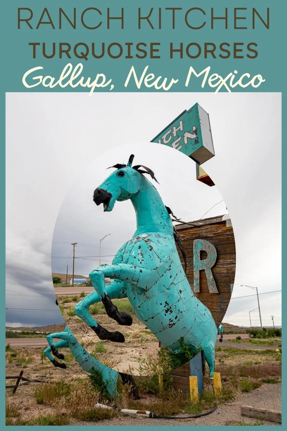 Oh hay, you're going to want to add this Route 66 roadside attraction to your road trip itinerary: the Ranch Kitchen Turquoise Horses in Gallup, New Mexico. And you heard that straight from the horse's mouth! Visit these turquoise horses while in Gallup. Visit this New Mexico Route 66 roadside attraction on your Route 66 road trip. Add it to your travel itinerary. #Route66 #Route66RoadTrip #RoadTrip #RoadsideAttraction #RoadsideAttractions #NewMexicoRoadsideAttraction